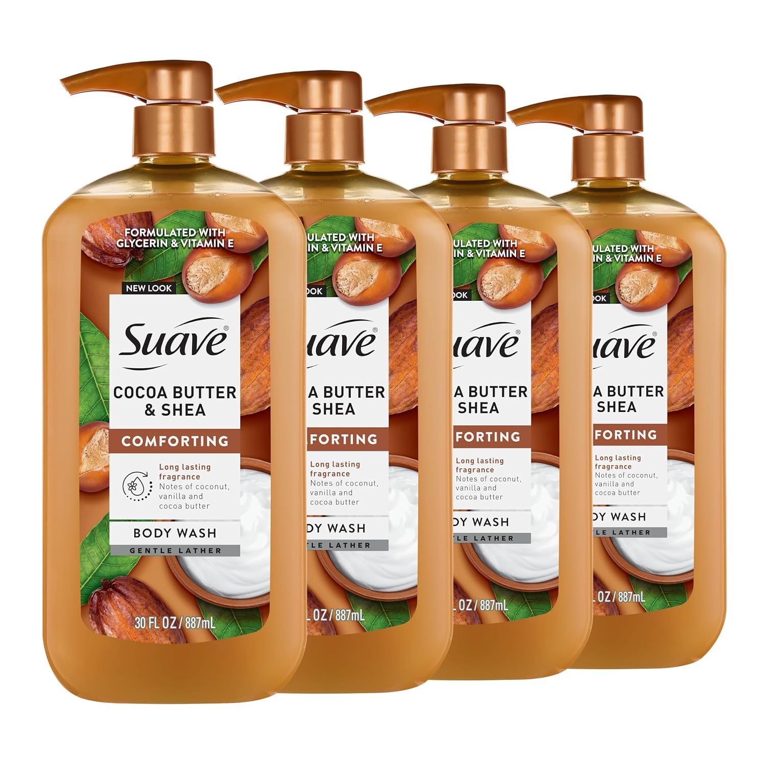 Suave Cocoa Butter + Shea Moisturizing Body Wash with Glycerin & Vitamin E, Hydrating Skin Cleanser For Soft, Smooth Skin, Long Lasting Scent, Paraben Free, 30 FL OZ Pump, 4 Count