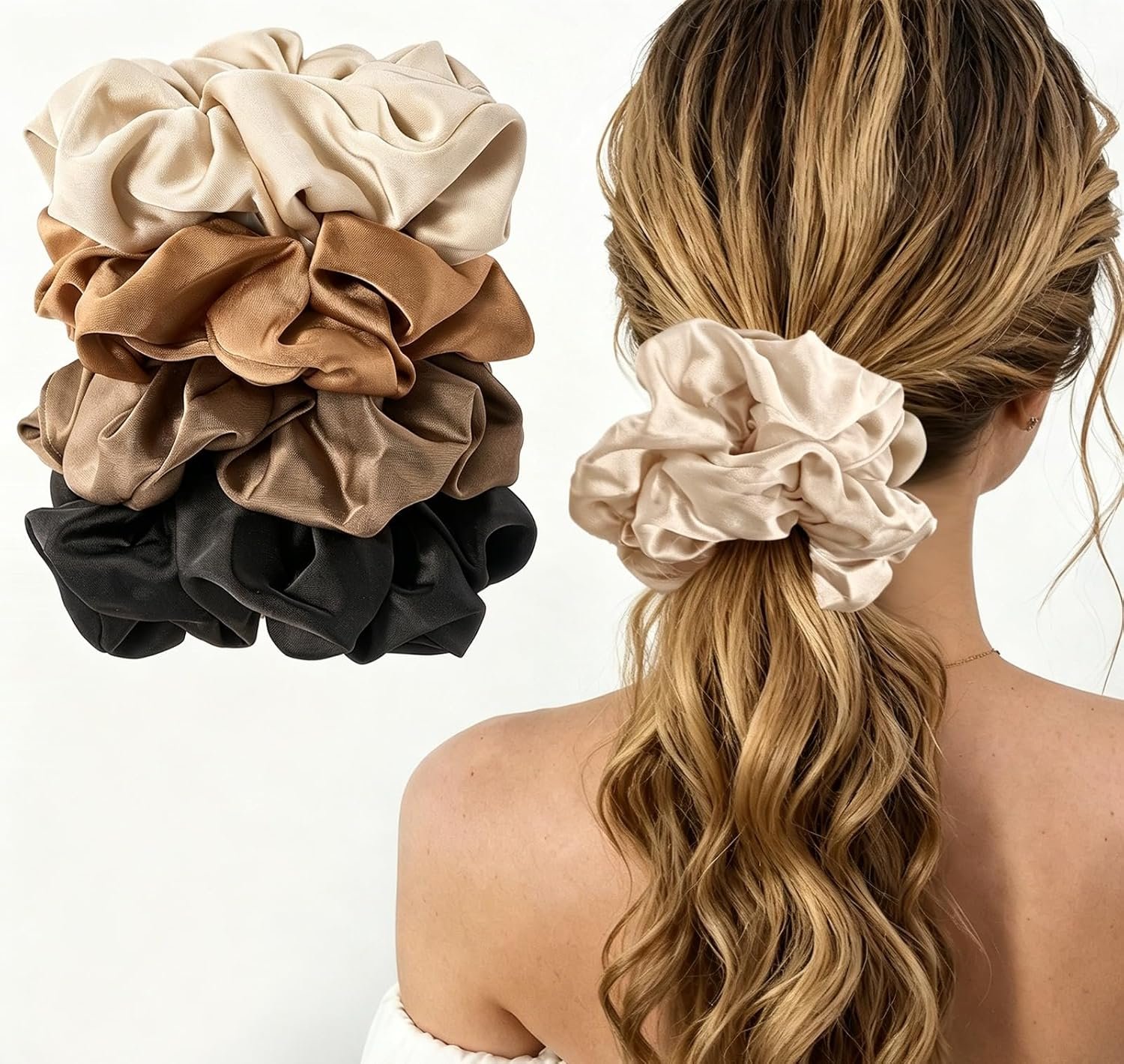Lolalet 4Pcs Big Satin Scrunchies for Women, 5.9 Inch Large Soft Hair Ties | Oversized Scrunchies for Thick Curly Hair, Silky Smooth Satin, Strong Elastic, No Damage to Hair, Daily & Hairstyle Use