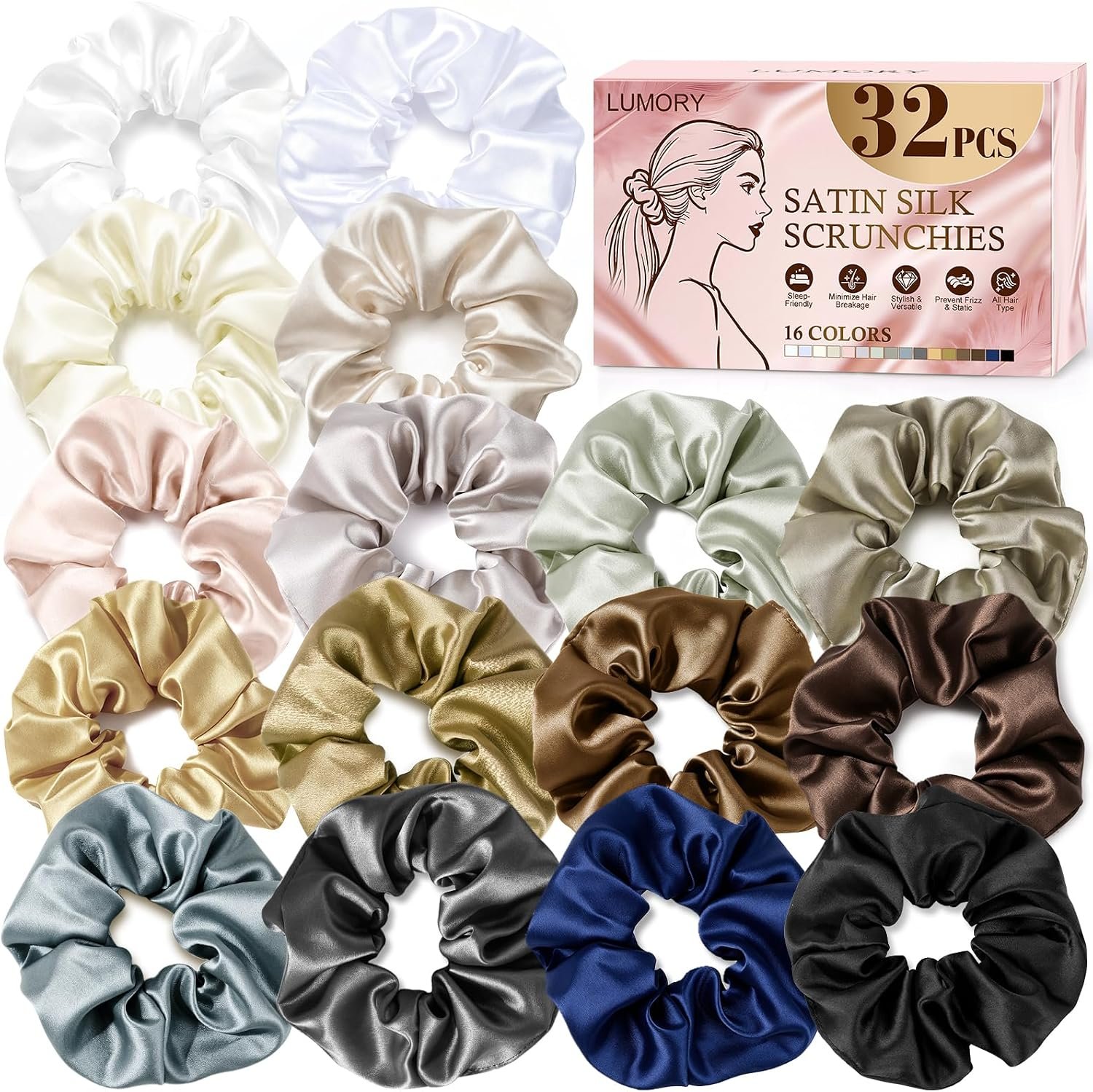 32 Pcs Satin Scrunchies for Women,16 Colors Silk Scrunchies Ponytail Holders,Satin Hair Ties and Bands for Thick,Thin and Curly hair