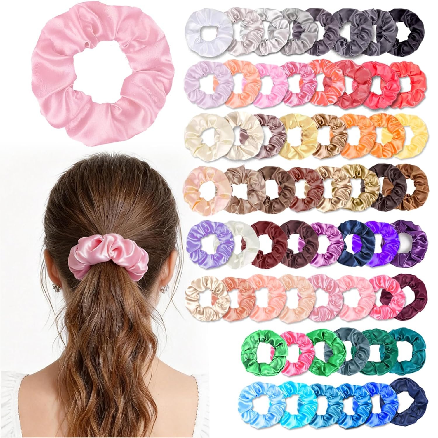 60 Pcs Satin Silk Scrunchies for Women, Soft Hair Ties and Bands, Colorful Elastic Ponytail Holder Bulk Assorted Hair Accessories Birthday Gifts for Girls