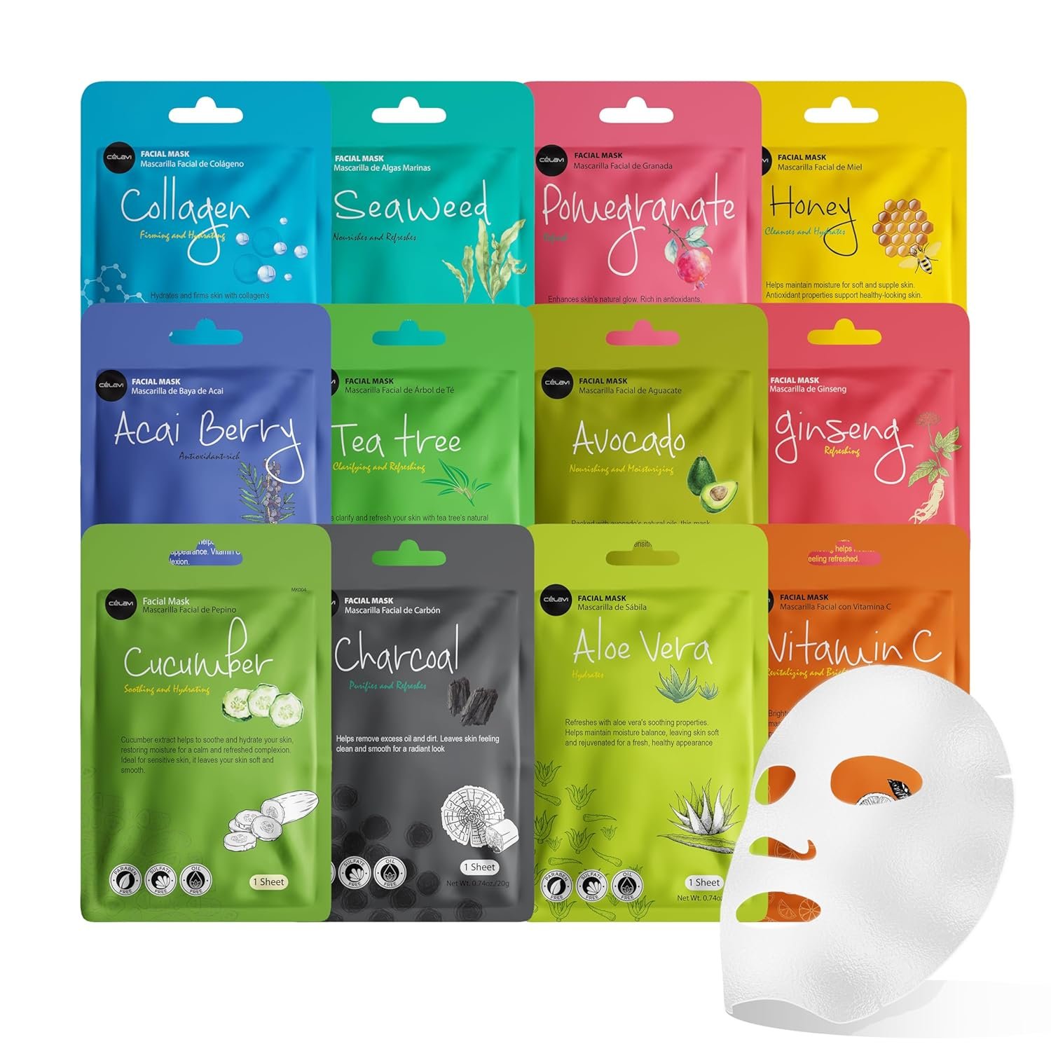 Celavi Korean Face Mask Sheet Set, Facial Spa Masks for Women, 12 Pack | Twelve essence formulas, individually wrapped. Korean spa gift set for women, teens, girls. Collagen, aloe, charcoal.