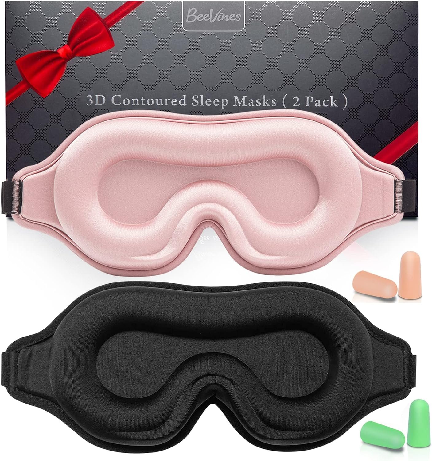BeeVines 3D Contoured Sleep Mask, Blackout Eye Masks for Sleeping (2 Packs) | Eye Cover for Lash Extensions, Memory Foam Sleeping Masks, Eye Shade for Night, with Adjustable Strap, for Traveling Yoga Nap