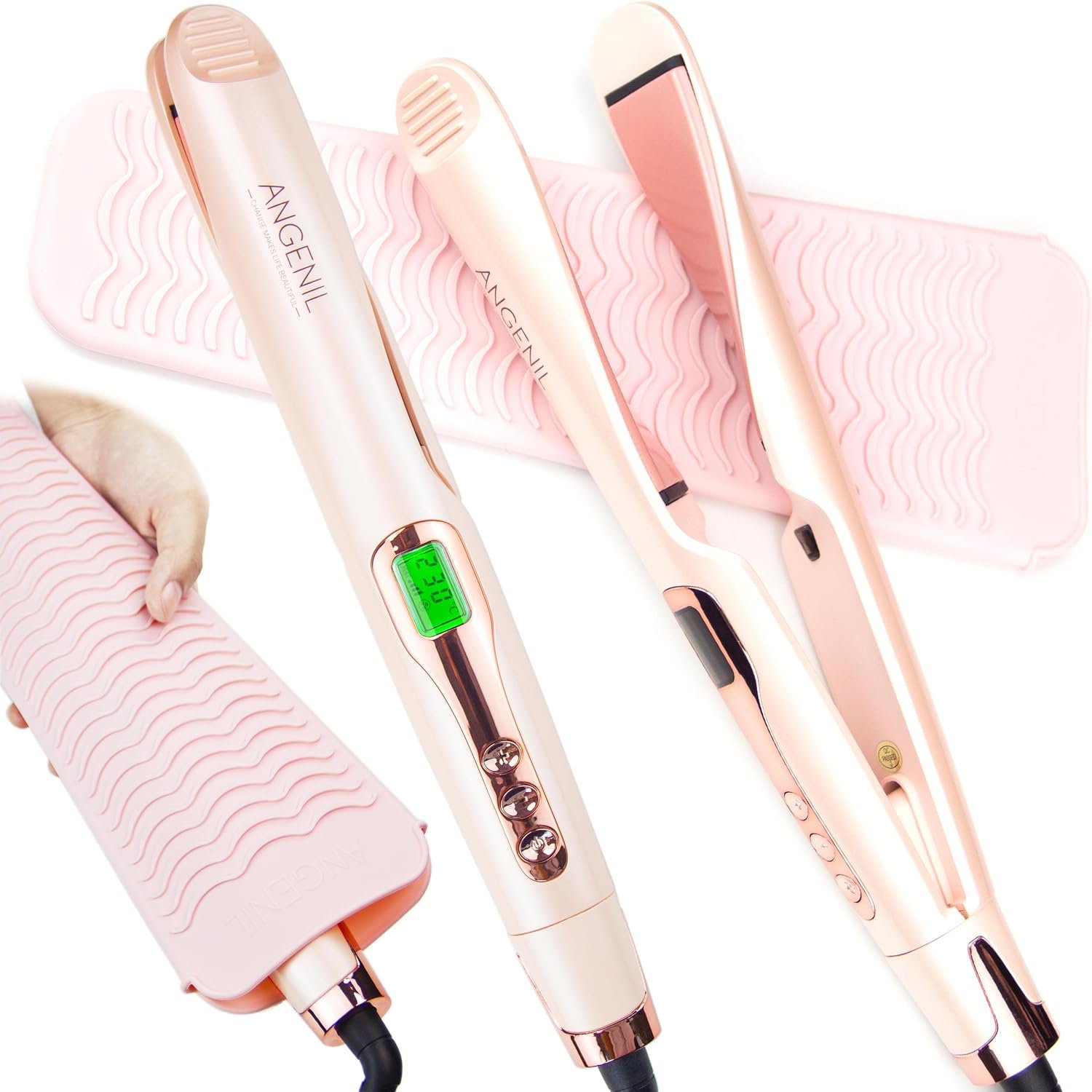 ANGENIL Pro Hair Straightener and Curler 2 in 1, Twist Flat Iron Hair Straightener for Women, Dual Voltage Round Pink Flat Iron with Anti-Scalding Silicone Mat, 11 Adjustable Temp for All Hair Types