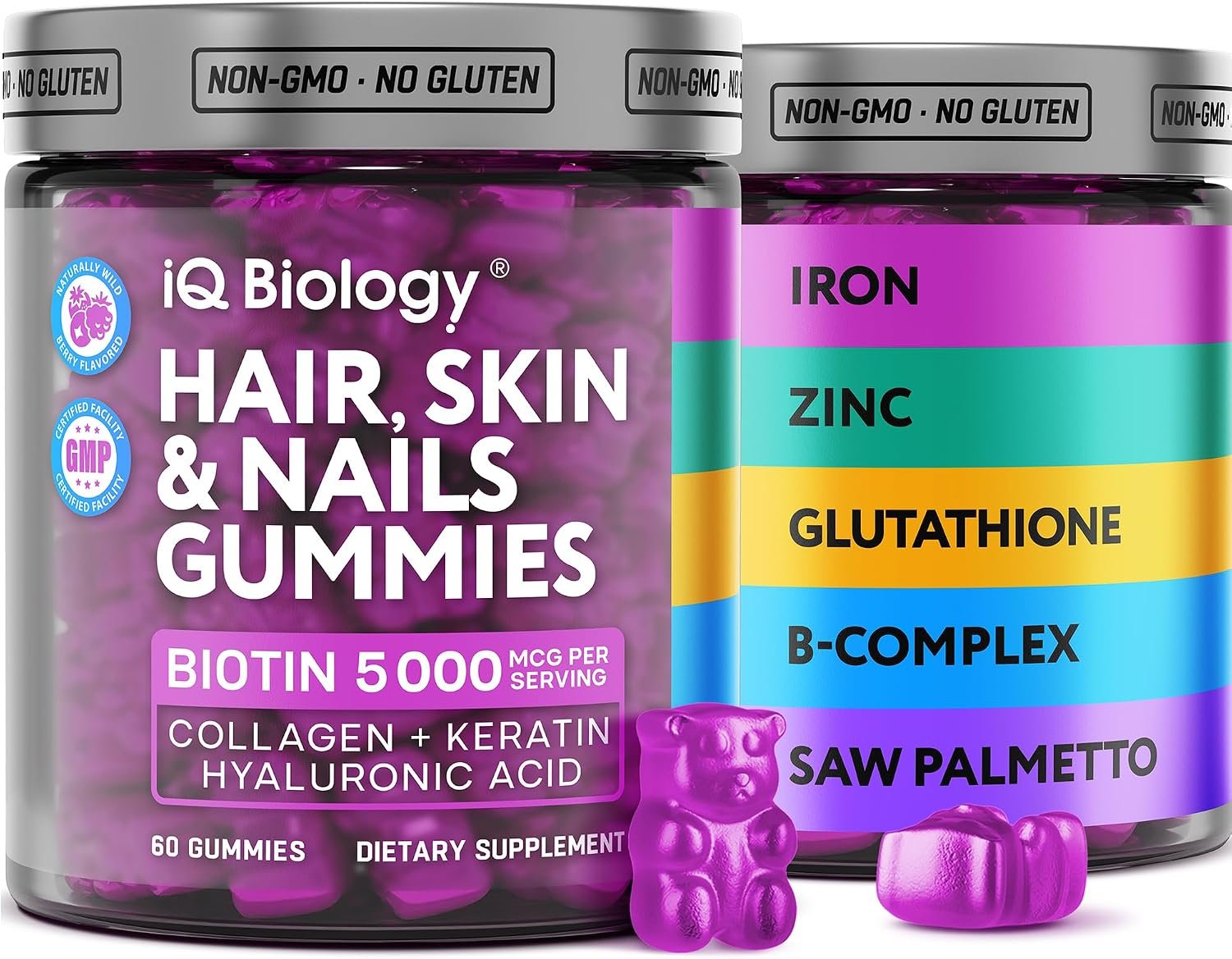 Biotin Gummies for Hair, Skin & Nails – Hair Growth Vitamins Women & Men | 60 pcs – Extra Strength Biotin (Vitamin B7), Collagen, Keratin & DHT Blocker