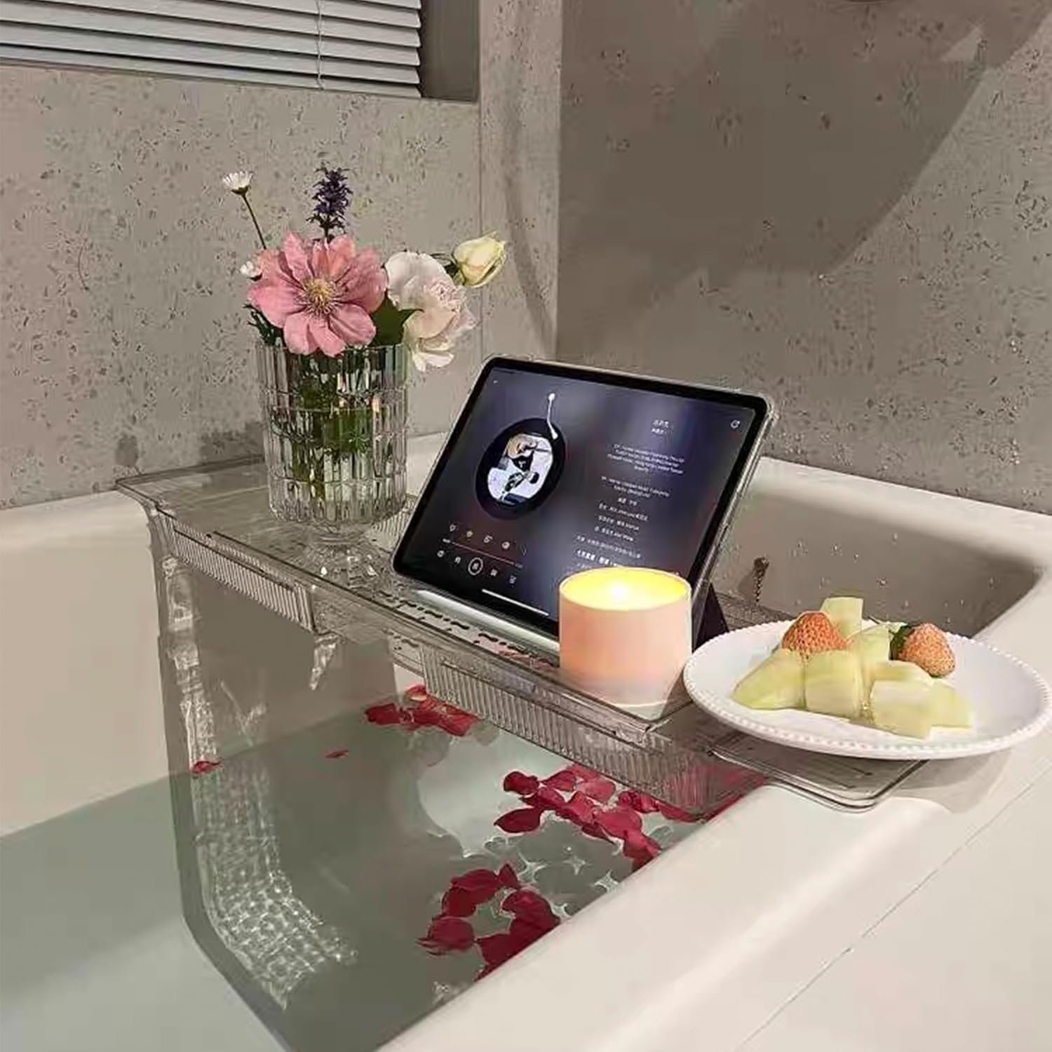 Expandable Bath Tray with Wine and Book Holder – Clear Acrylic Bathtub Caddy Shelf – Plastic Board Gift for Women