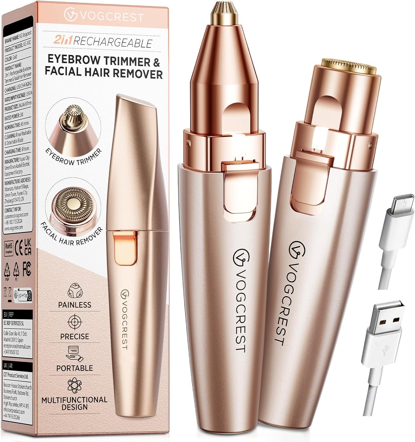 VG VOGCREST Eyebrow & Facial Trimmer: 2 in1 Rechargeable Facial Hair Removal & Eyebrow Shaver – Body Razor with Built-in LED Light (Rose Gold)