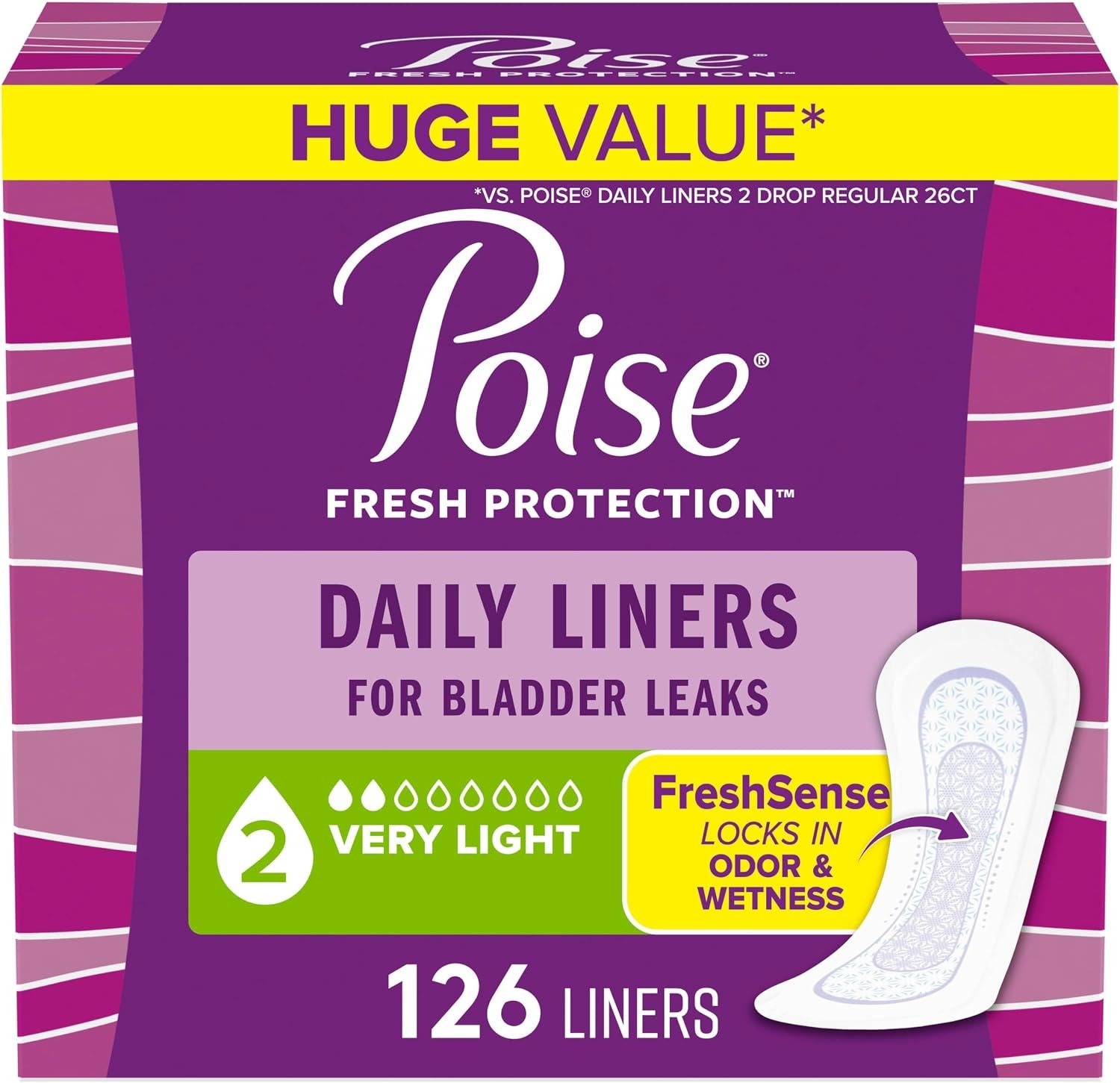 Poise Daily Liners, Incontinence Panty Liners for Bladder Leaks, 2 Drop Very Light Absorbency, Regular Length, 126 Count of Pantiliners, Packaging May Vary