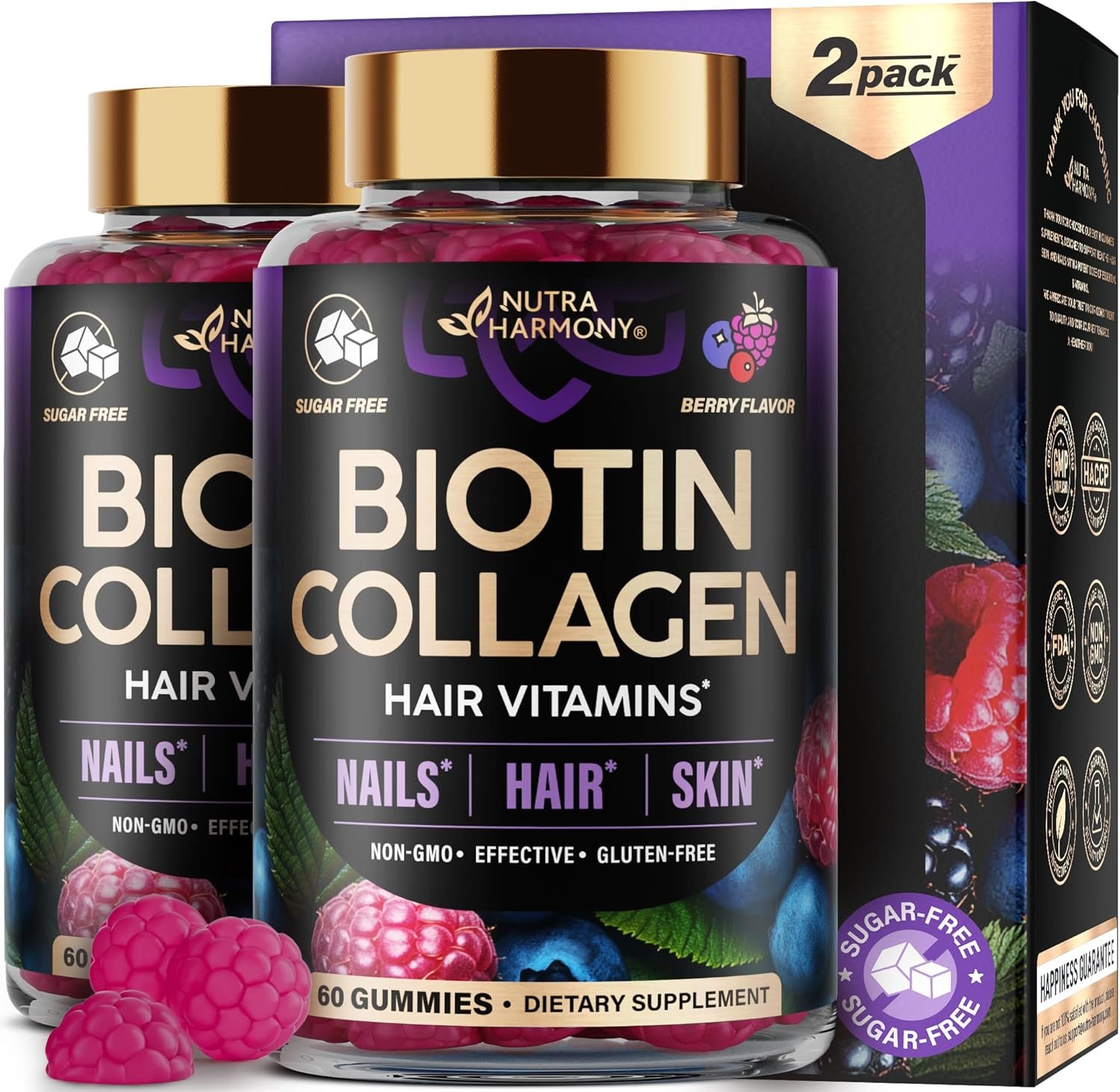 Biotin Gummies for Hair Growth Support – for Women & Men – Berry, Pack of 2 | Biotin 10000mcg, Collagen, Keratin, Hyaluronic Acid, B-Complex, Saw Palmetto – Hair, Skin & Nail Strengt Support – Sugar-Free