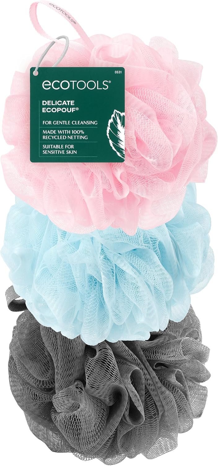 EcoTools EcoPouf 3 Pack Bath Sponge Set, Shower Poufs | Gentle exfoliation daily, shower puff sponges for body, loofah pack, recycled netting, rich lather