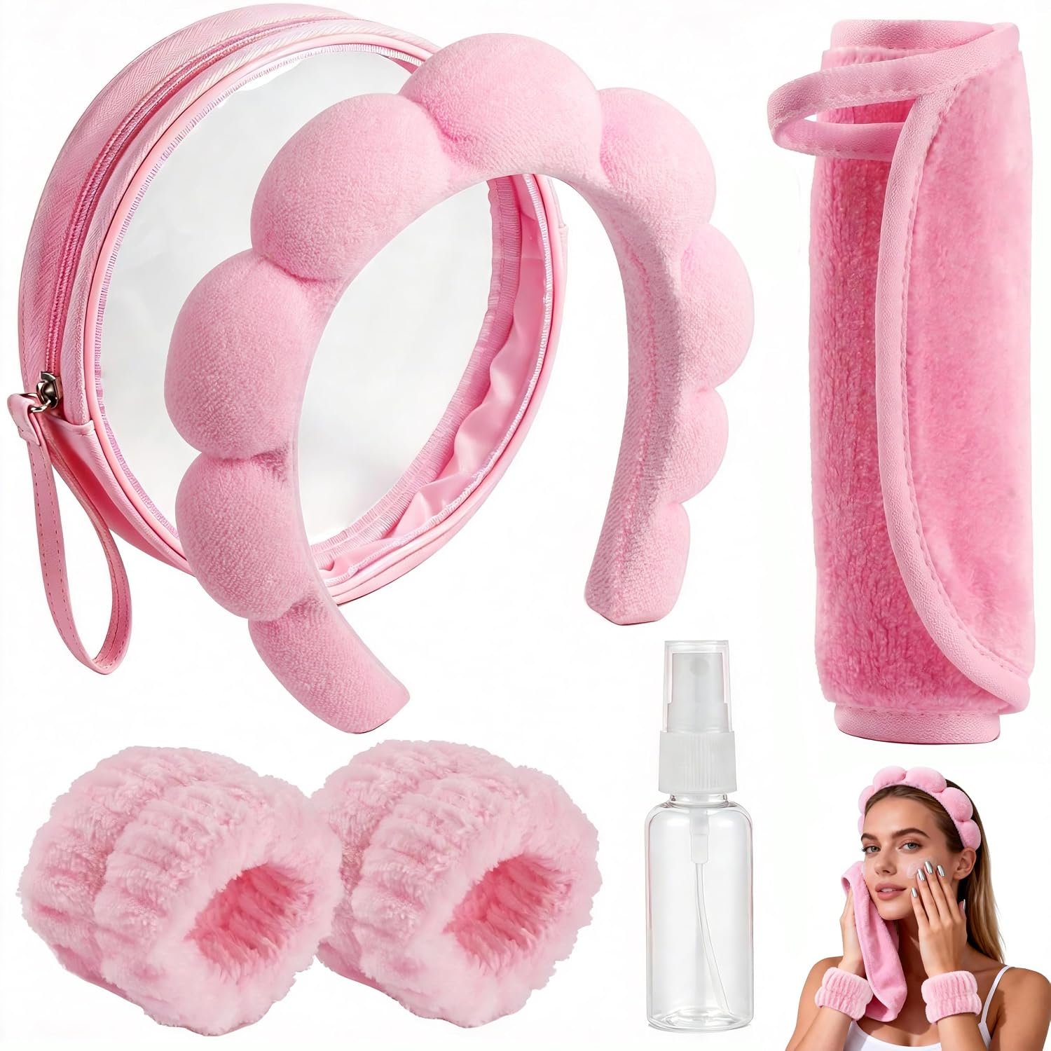 Real Perfection Spa Headband for Washing Face, Skincare Headband Wristband Set for Facial Mask Skin Care, Makeup Remover Towel Cloth Small Spray Bottle with Travel Makeup Bag Gifts for Women – Pink