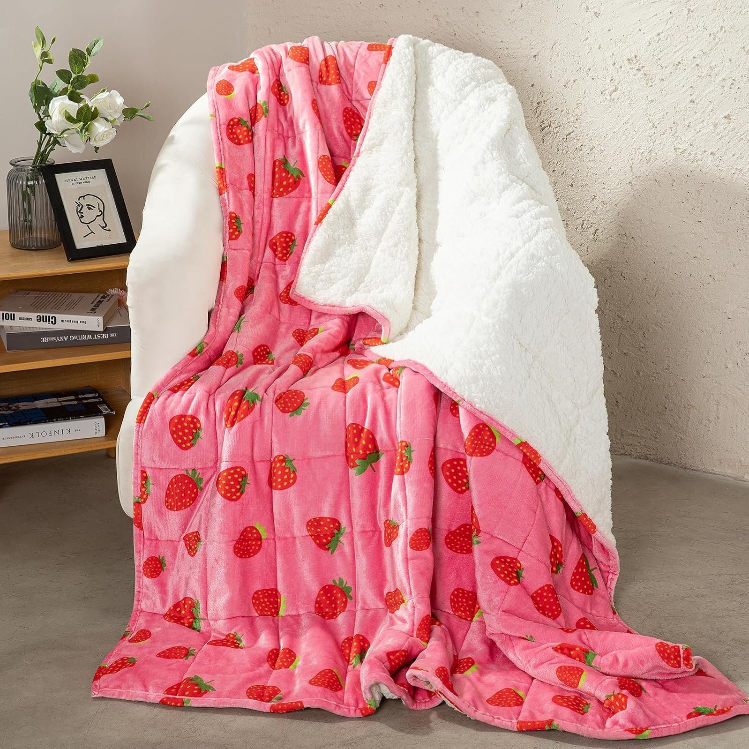 Aemicion Weighted Blanket Queen Size 20 Lbs 60×80 Inches,Ultra Soft Comfortable Fluffy Sherpa Weighted Blankets for Adults,Cute Pink Strawberry Heavy Blanket as Gift for Women,Machine Washable