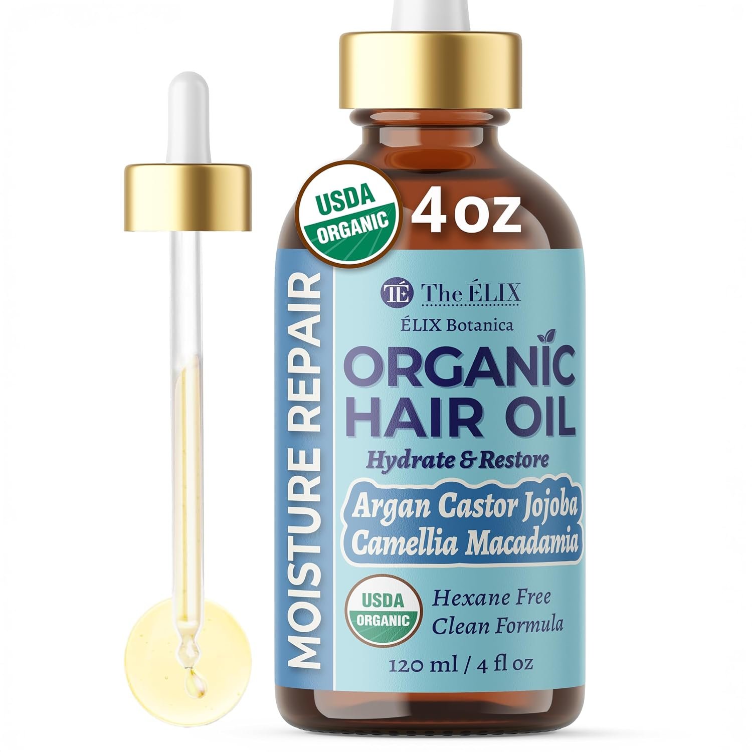 USDA Organic Hair Oil for Frizzy Hair with Argan Jojoba & Castor | Frizz Control Hair Treatment for Curly Hair | Hair Serum & Moisturizer for Dry, Damaged Hair | Cold Pressed Hair Products for Women