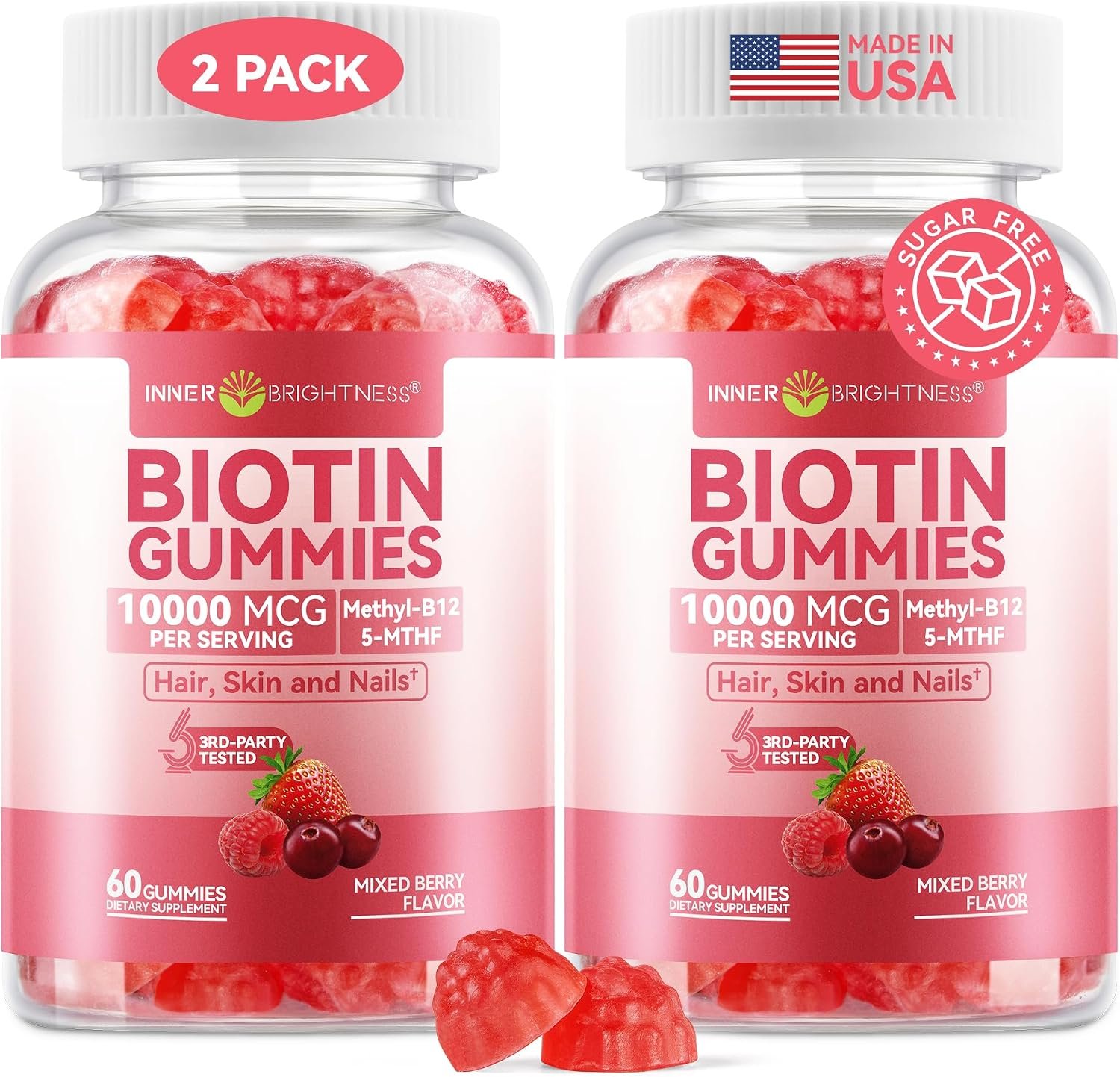 Inner Brightness Biotin 10,000mcg Gummies for Women – Hair Skin Nails | Hair, Skin & Nails Support with Vit C, D3, B12 & Folate – Sugar Free Mixed Berry Flavor, 120 Count (2 Pack Value)