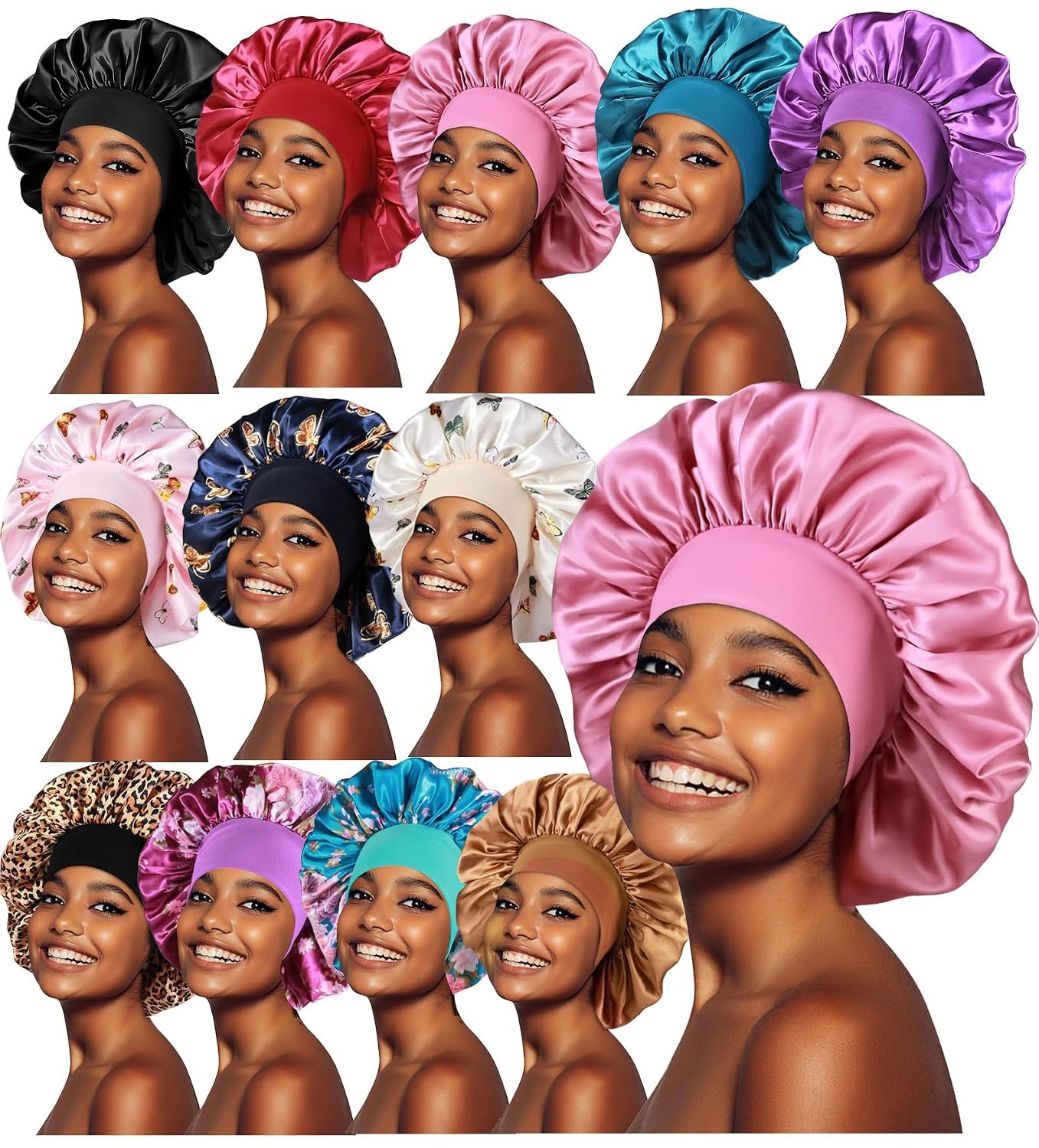 12pcs Large Satin Bonnets for Sleeping, Silky Hair Bonnet for Women Braids