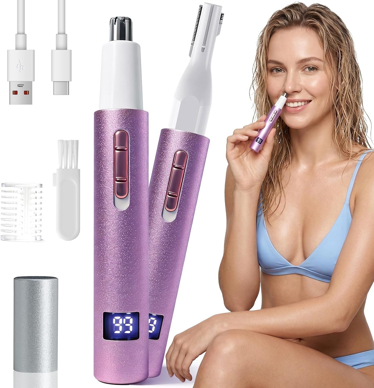 Yunmiss LED Display Eyebrow & Nose Hair Trimmer Clipper for Men Women,2026 Rechargeable 2 in 1 Painless Ear & Facial Hair Trimmer with Powerful Motor and Dual-Edge Blades Easy Cleansing (Purple)