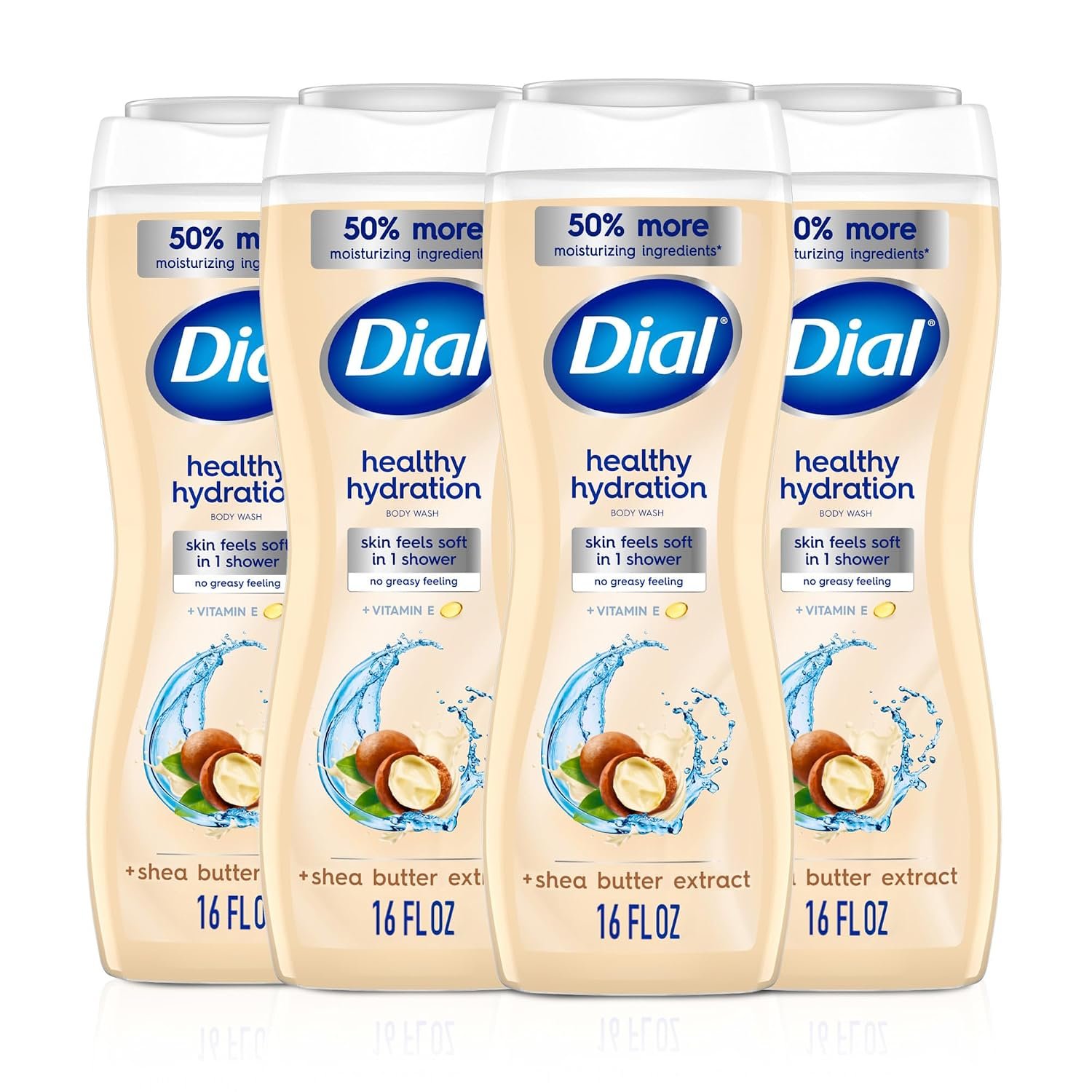 Dial Healthy Hydration Body Wash, Shea Butter, Vitamin E, 16 fl oz, 4-Pack | Gentle formula, Leaves skin feeling soft after one shower, Dermatologist tested, No parabens or silicones