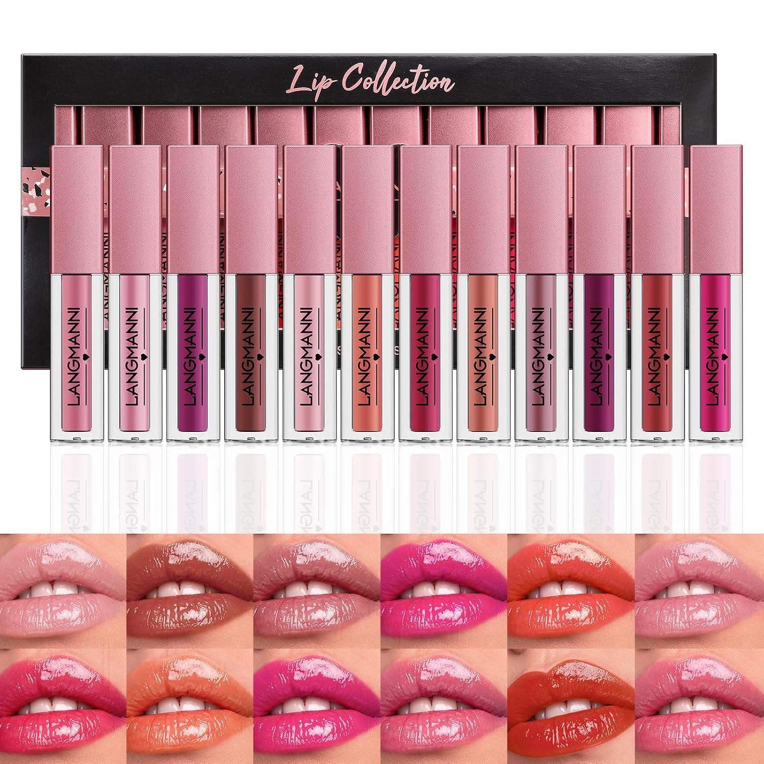 LANGMANNI 12Pcs Lip Gloss Collection Set, Glossy-A Lip Makeup | 12 glossy shades, smooth shiny liquid lip color, mini tubes for daily makeup, travel, party looks and gifts