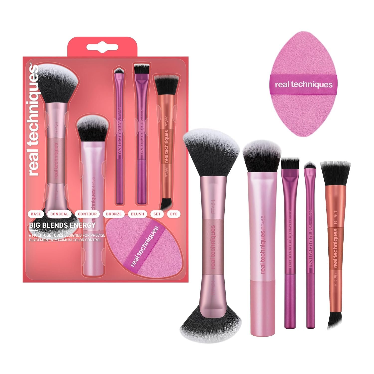 Real Techniques Big Blends Energy Brush + Dual-Sided Puff Kit, 6-Piece Set | Makeup brushes set with dual-sided puff kit, 2-in-1 powder puff, ultra-soft synthetic bristles for makeup blending