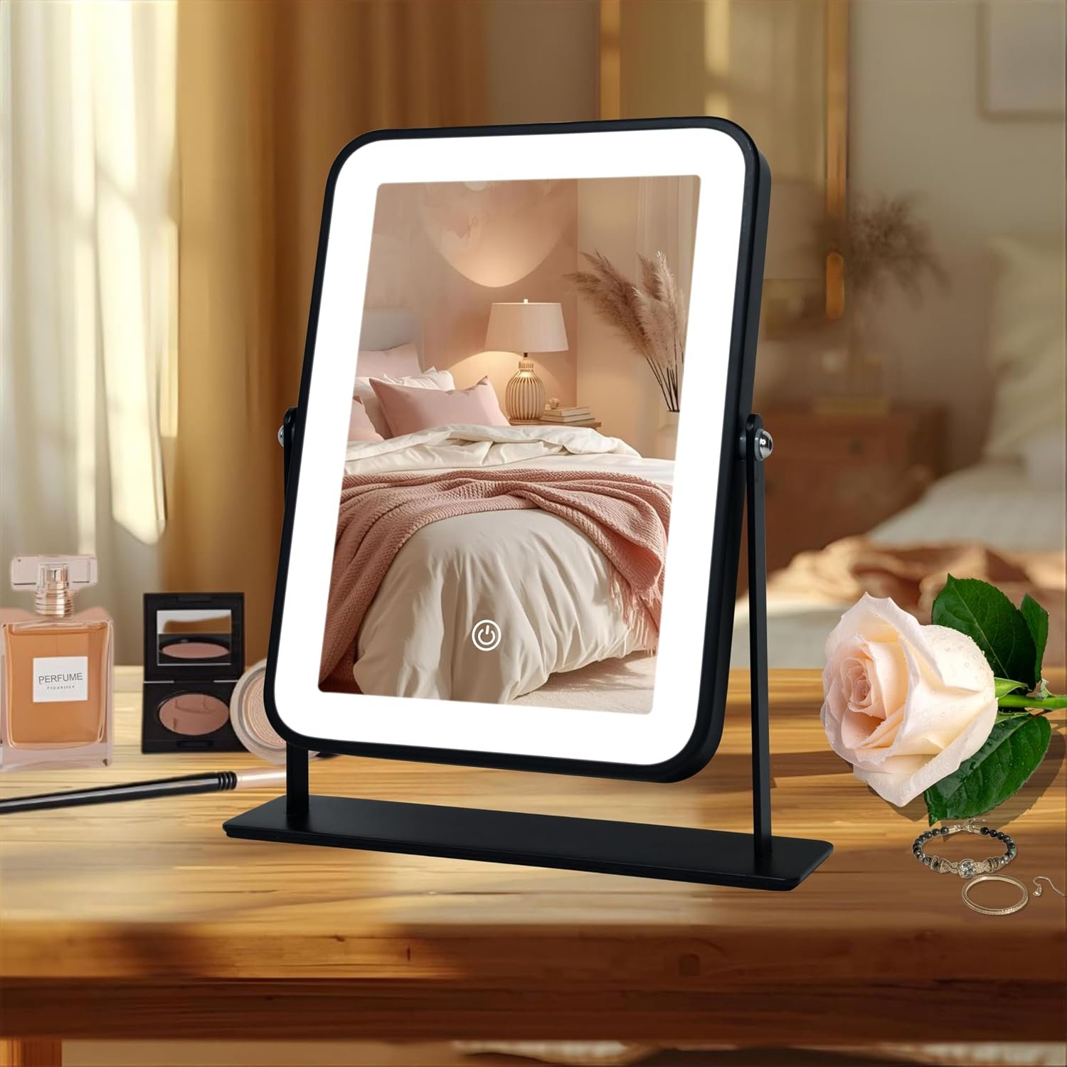 11″x9″ Rechargeable Desktop Makeup Mirror with LED Lights, Adjustable Brightness Lighted Vanity Mirror, Tabletop Mirror for Bedroom, Gifts for Women with 3-Color Smart Touch Dimmable Lighting