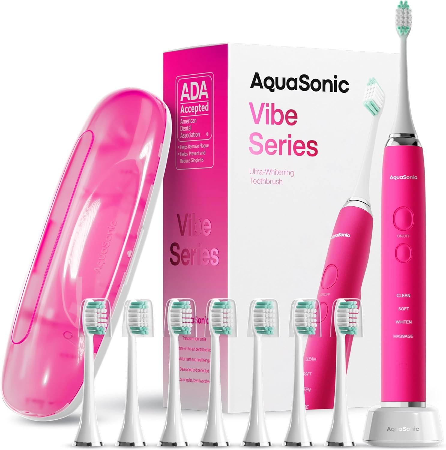 Aquasonic Vibe Series Ultra-Whitening Toothbrush – ADA Accepted Electric Toothbrush – 8 Brush Heads & Travel Case – 40,000 VPM Motor & Wireless Charging – 4 Modes w Smart Timer – Electric Pink