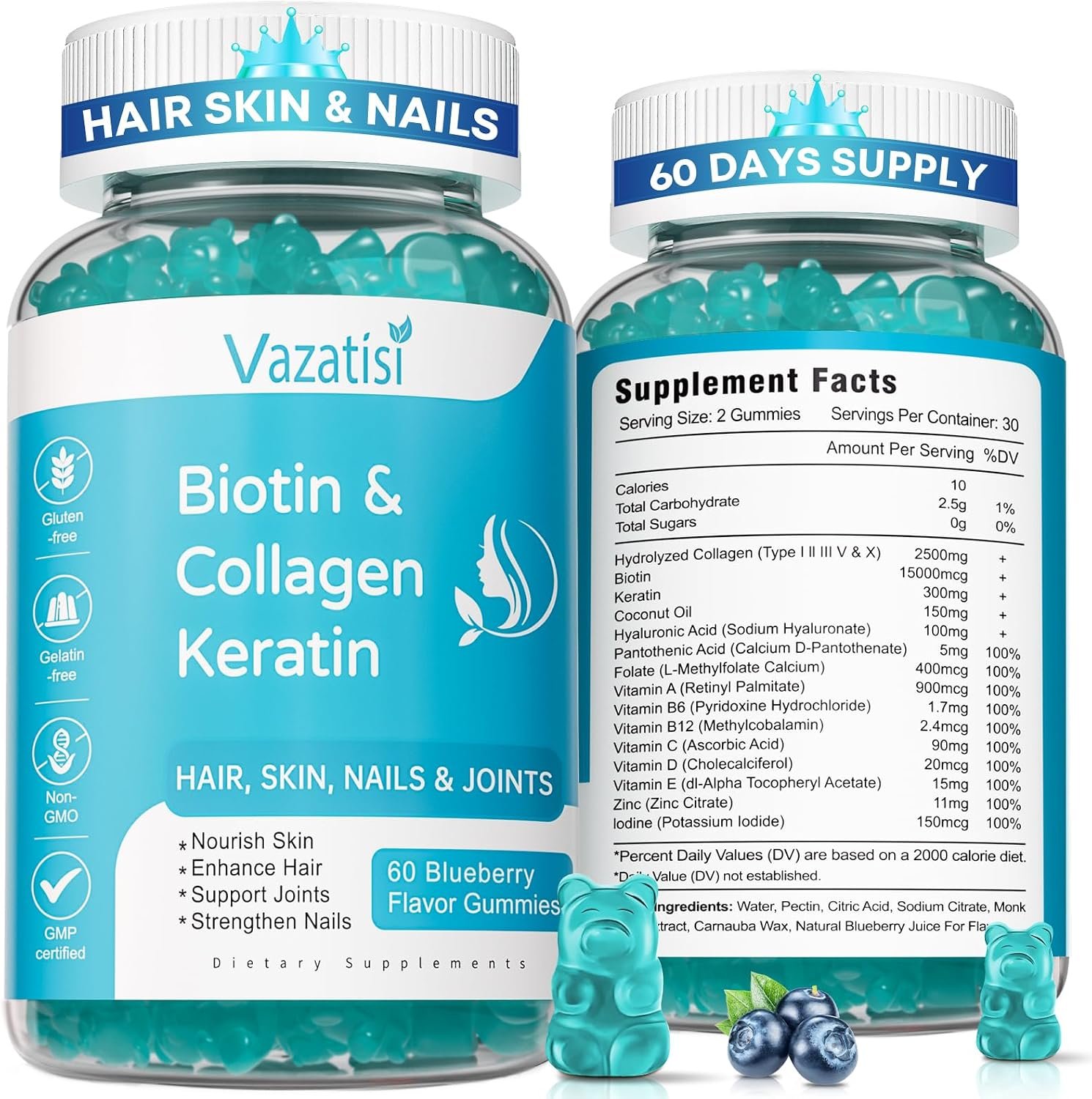 2 Pack Biotin Gummies with Collagen & Keratin for Hair Skin Nails- Women Men, Kids – 120 Blueberry Flavored Gummies