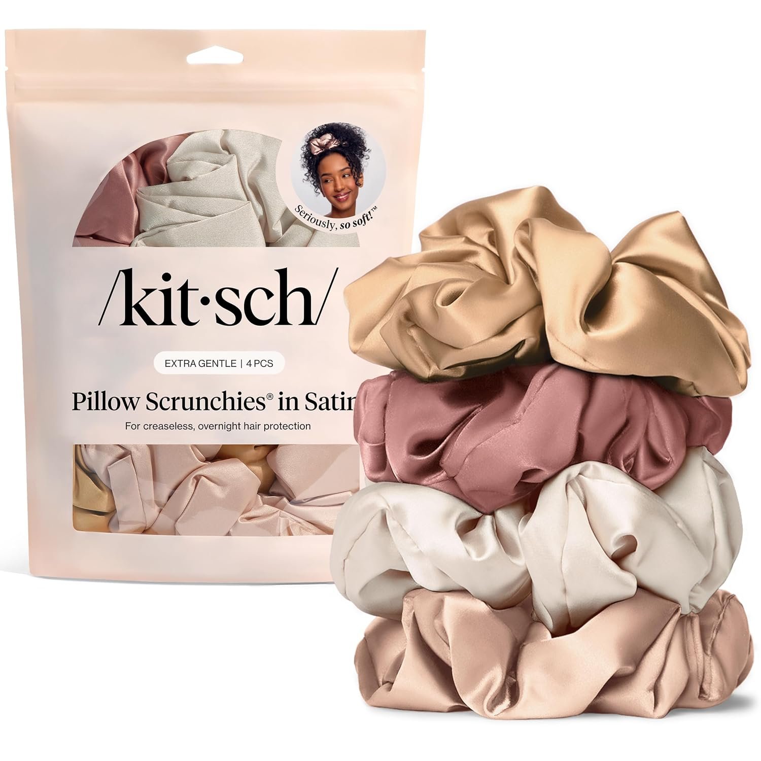 Kitsch Pillow Satin Scrunchies for Women – Blush, 4pcs | Wake Up Frizz-Free, No Crease Large Hair Ties, Softer Than Silk Scrunchies, Stylish Hair Accessories For All Hair Types