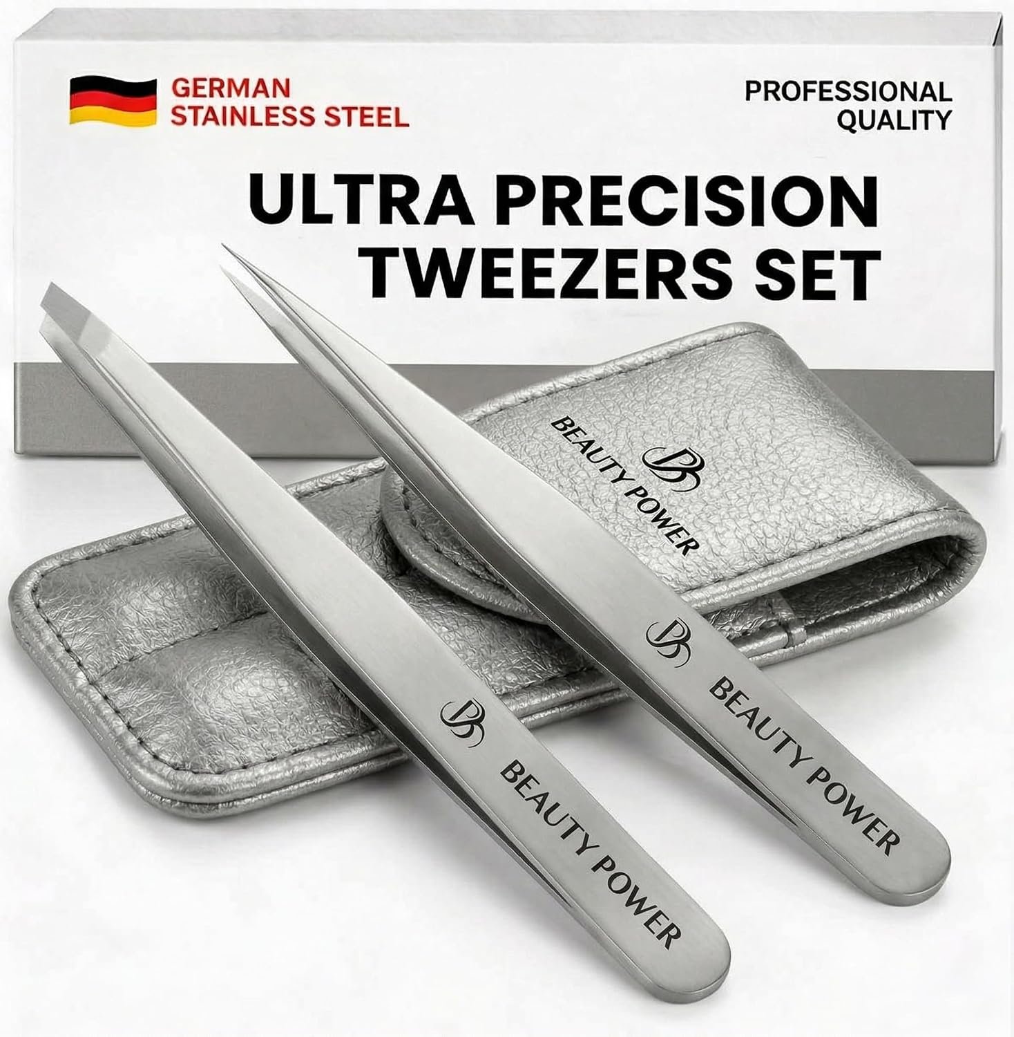 Beauty Power Professional Tweezers Set – Slant & Point, Ultra Precision German Stainless Steel Tweezers for Eyebrows, Chin, Ingrown Hair & Facial Grooming – Lightweight with Case – Gift Idea – Gray
