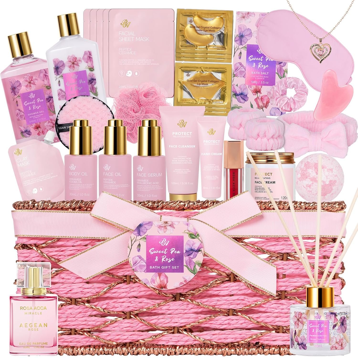 35 Pcs Gift for Women, Rose Bath and Body Gift Basket, Facial Skin Care Set | Self Care Pampering Kit, Face Sheet Mask, Home Spa Basket, Birthday, Valentines, Mothers Day, Bridal Shower, Anniversary