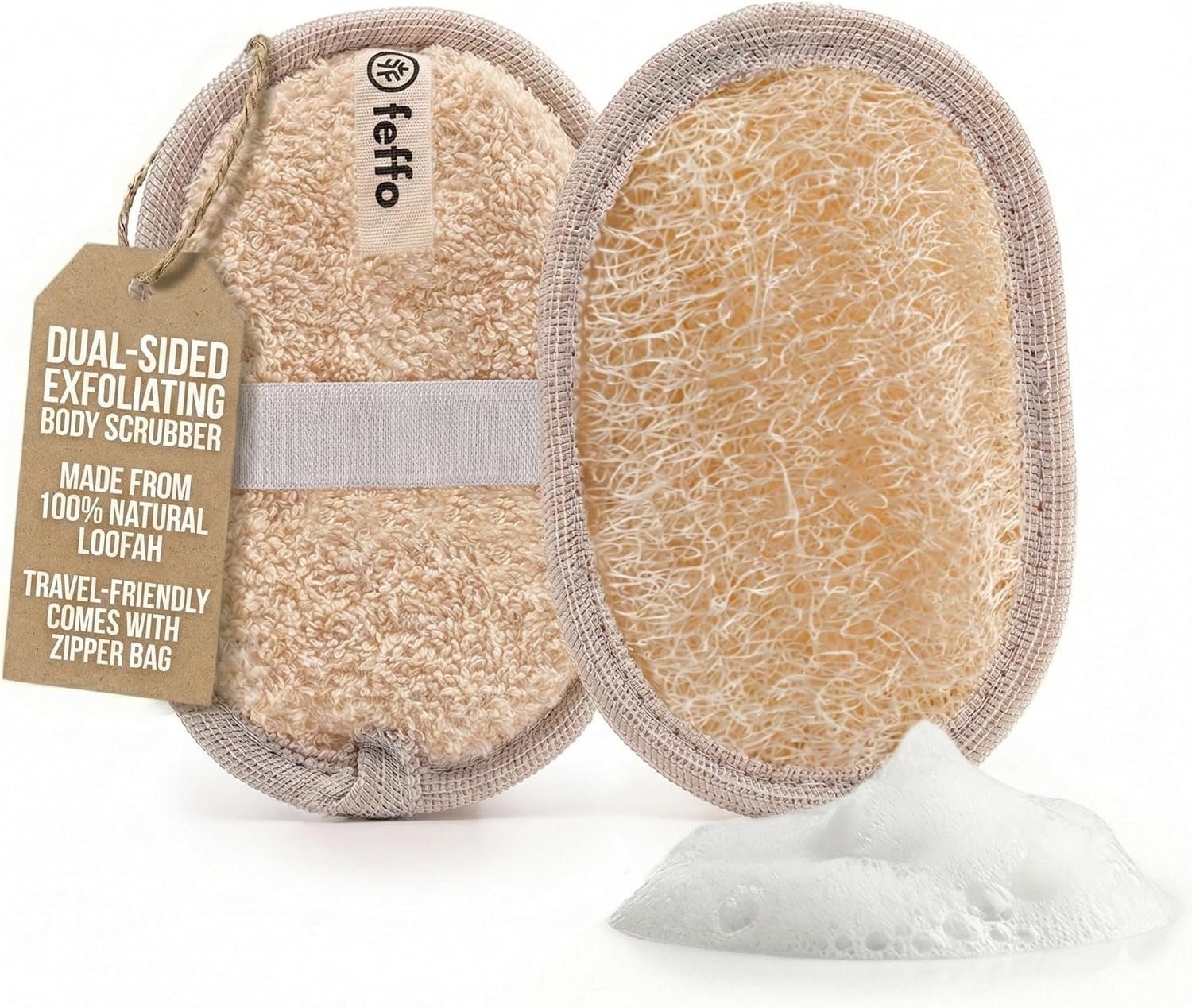 Natural Loofah Sponge for Body Scrub, Exfoliating Body Scrubber & Loofah with Handle, Exfoliating Pads, Loofah for Women, Men & Kids (2 Count – 1 Pack, Oval)