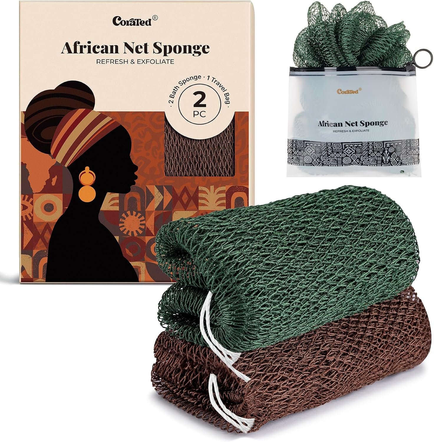 CORATED African Net Sponge Authentic, Shower Loofah Exfoliating Bath Sponge | Body Scrubber for Women and Men Daily Use Body Care, Travel Portable Bath Accessories Spa Gifts