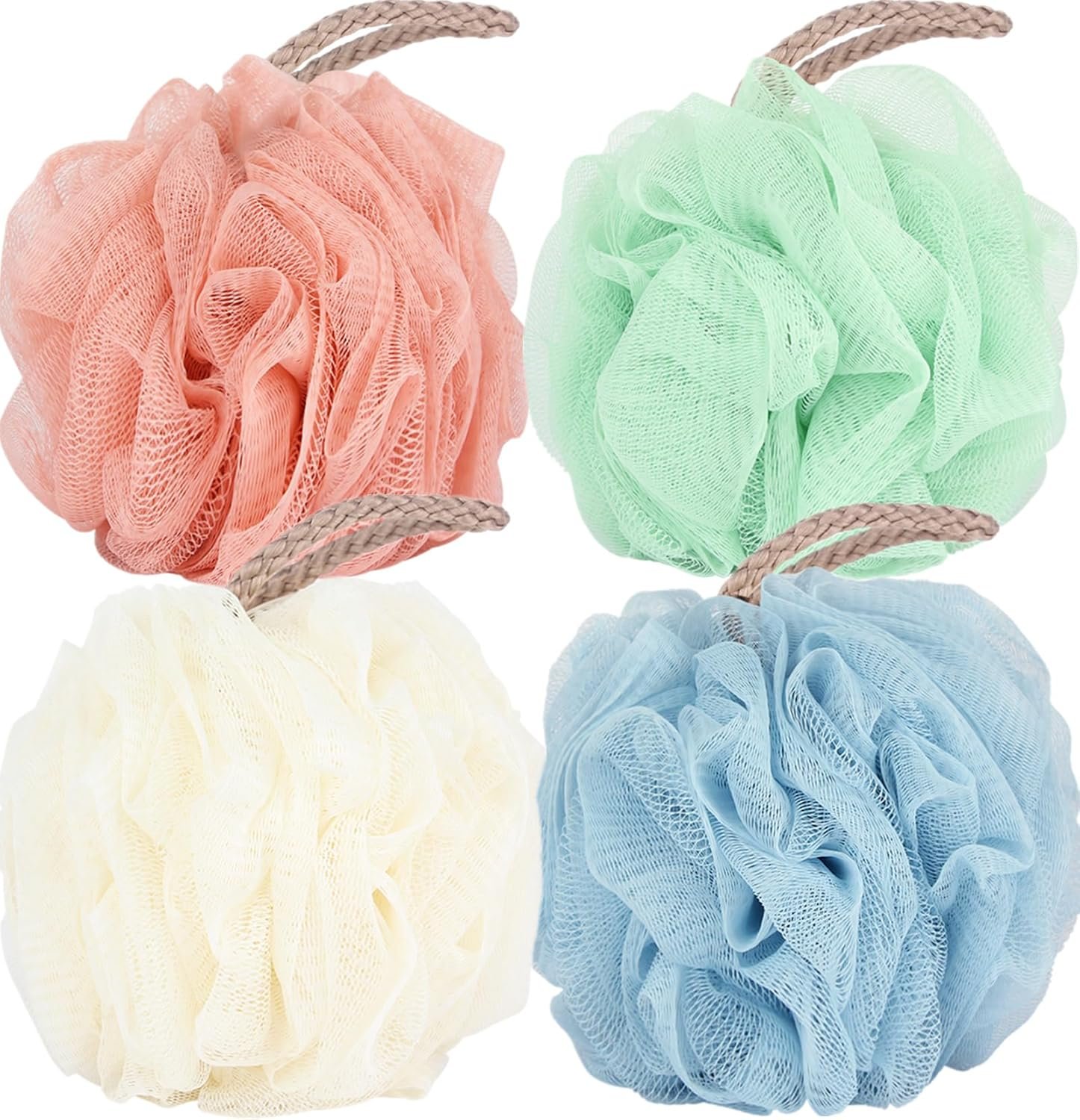 Loofah Sponge Shower Loofahs 4 Colors Bath Sponges Body Scrubbers | Mesh Balls 60g Luffa for Rich Lather Exfoliating Wash Back Scrubber Bathroom Men Women 4 Pack Cleaning Bathing Accessories