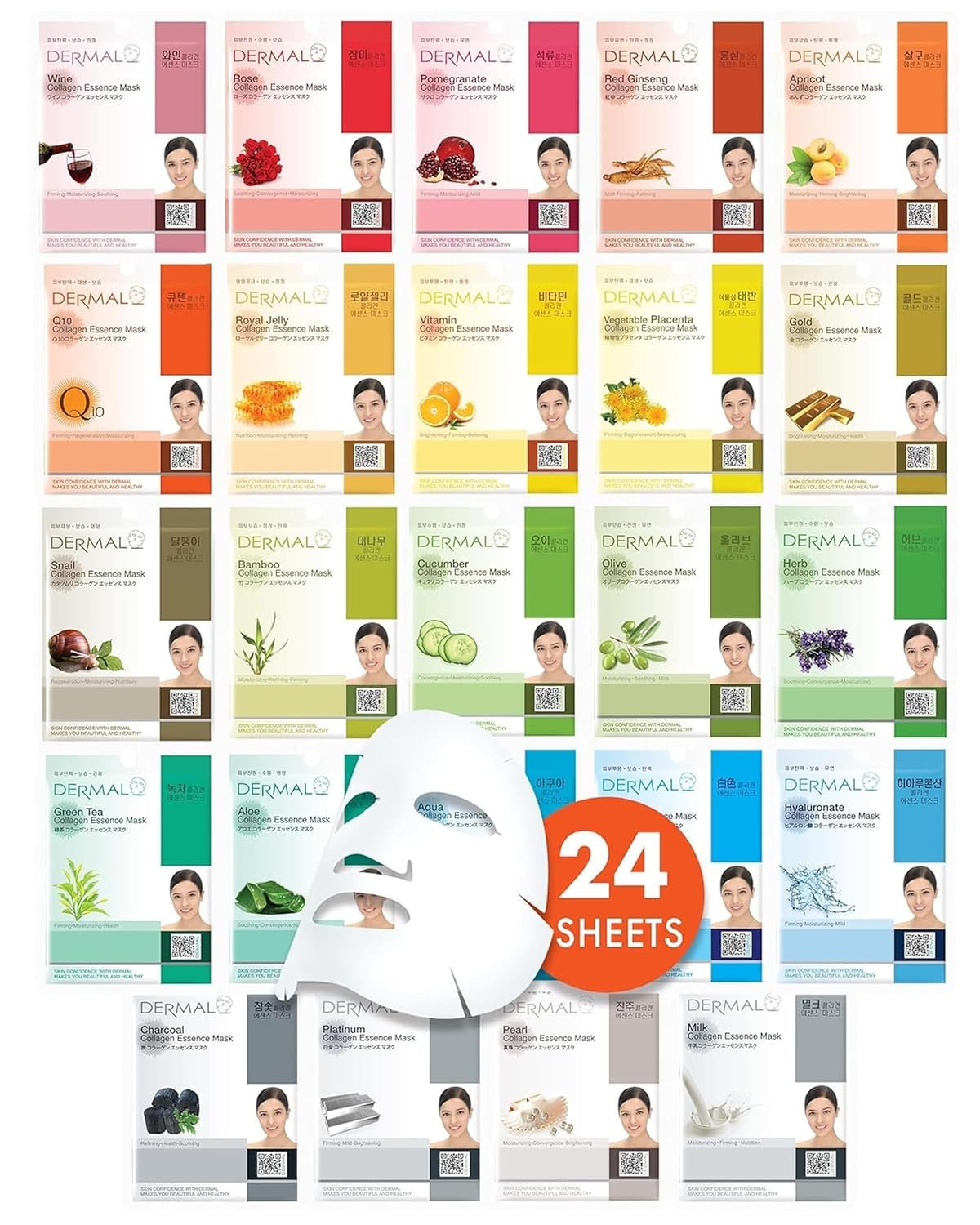 DERMAL 24 Combo Korean Essence Sheet Mask Variety Pack, Collagen & More | 24 individually wrapped essence masks – collagen, hyaluronic, vitamin, snail, aloe, green tea, pearl, charcoal & more