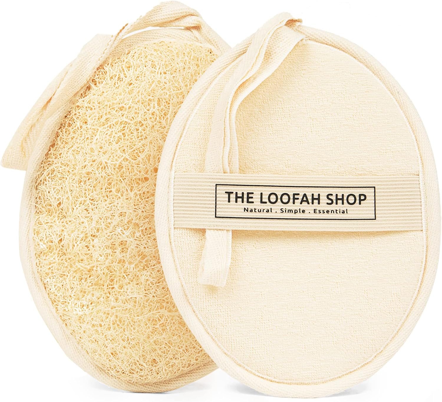 Natural Egyptian Bath Loofah, XL Body Scrubber, Set of 2 | Two 7 x 5.25 in exfoliating loofah sponges with hand straps, long hanging loops for easy drying, and a cotton travel pouch.