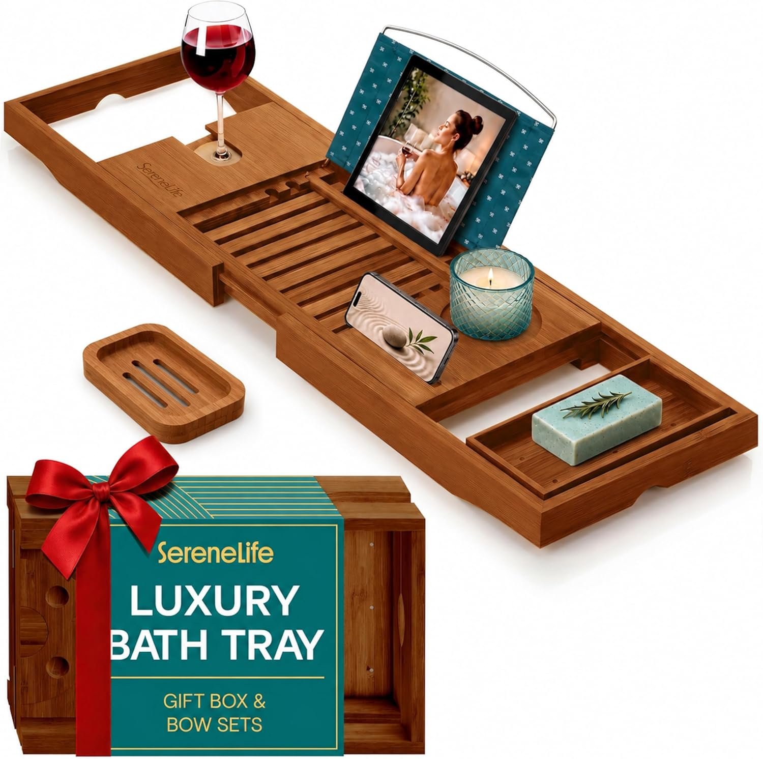 SereneLife Premium Bathtub Tray Caddy with Gift Box and Bow Set, Expandable Bath Tray, Unique House Warming Gifts for Mom, Women, Wedding, Anniversary, Bridal Shower, Fit for All Tub – Brown, Gift Set