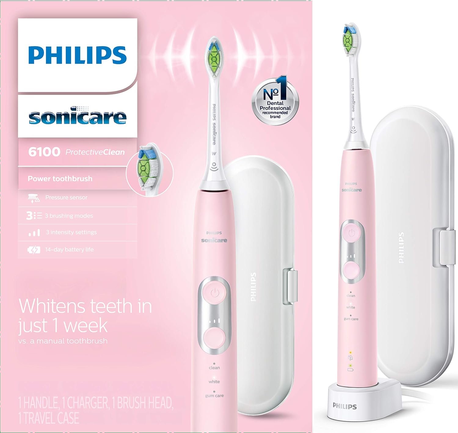 Philips Sonicare 6100 Rechargeable Electric Toothbrush, 1 Brush Head, Pink | 700% More Plaque Removal¹, Visual Pressure Sensor, 9 Brush Settings, 14-Day Battery, QuadPacer, Travel Case, HX6876/21