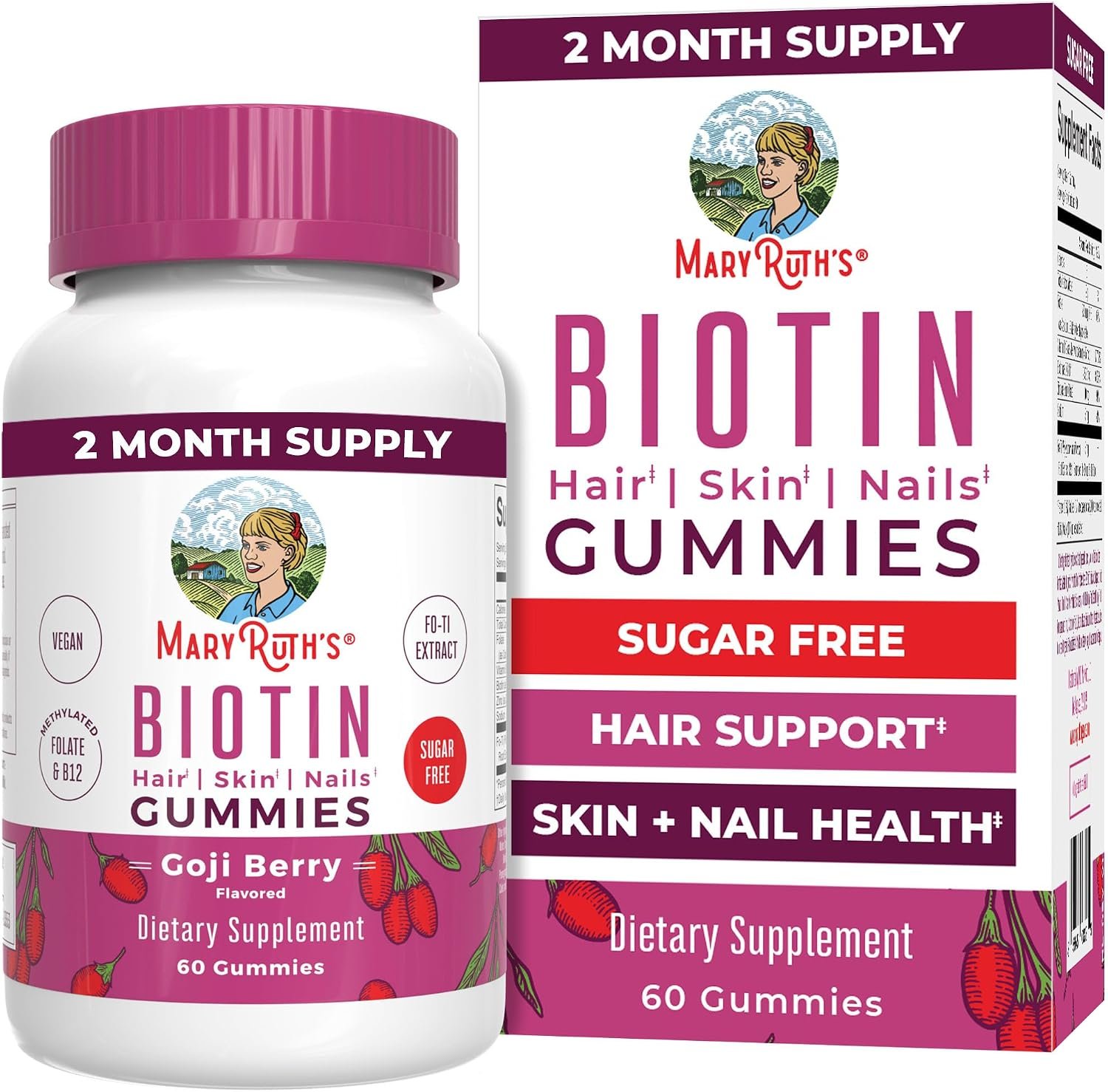 MARYRUTH’S Biotin Gummies, Hair Growth, Vegan, Sugar Free, Non-GMO, 60 Ct | Sugar Free, Vegan, Non-GMO, 2,500 mcg Biotin, Hair Skin and Nails