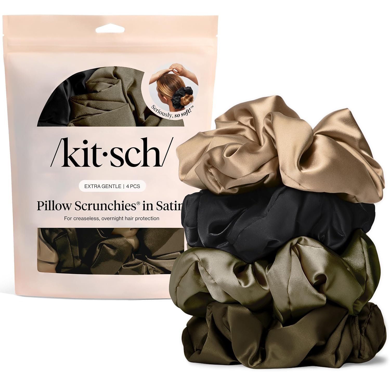 Kitsch Pillow Satin Scrunchies for Women – Black, 4pcs | Wake Up Frizz-Free, No Crease Large Hair Ties, Softer Than Silk Scrunchies, Stylish Hair Accessories For All Hair Types