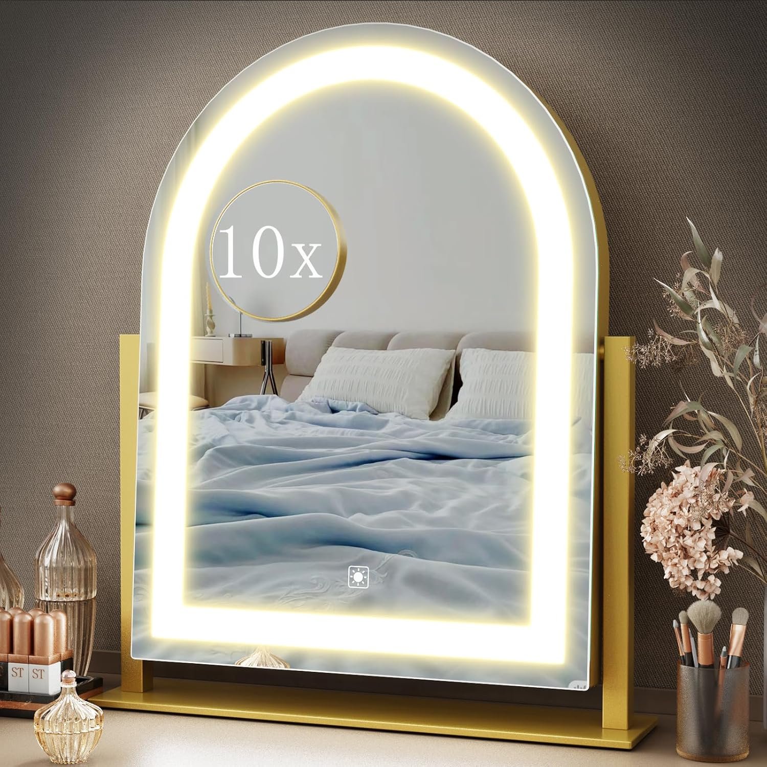 Gvnkvn Vanity Mirror with Lights, 15.2’’ LED Makeup Mirror Detachable 10X Magnification, Smart Touch Control, 3 Color Lighting Modes,360°Rotation Tabletop Make Up Mirror for Bedroom Bathroom(Curved)