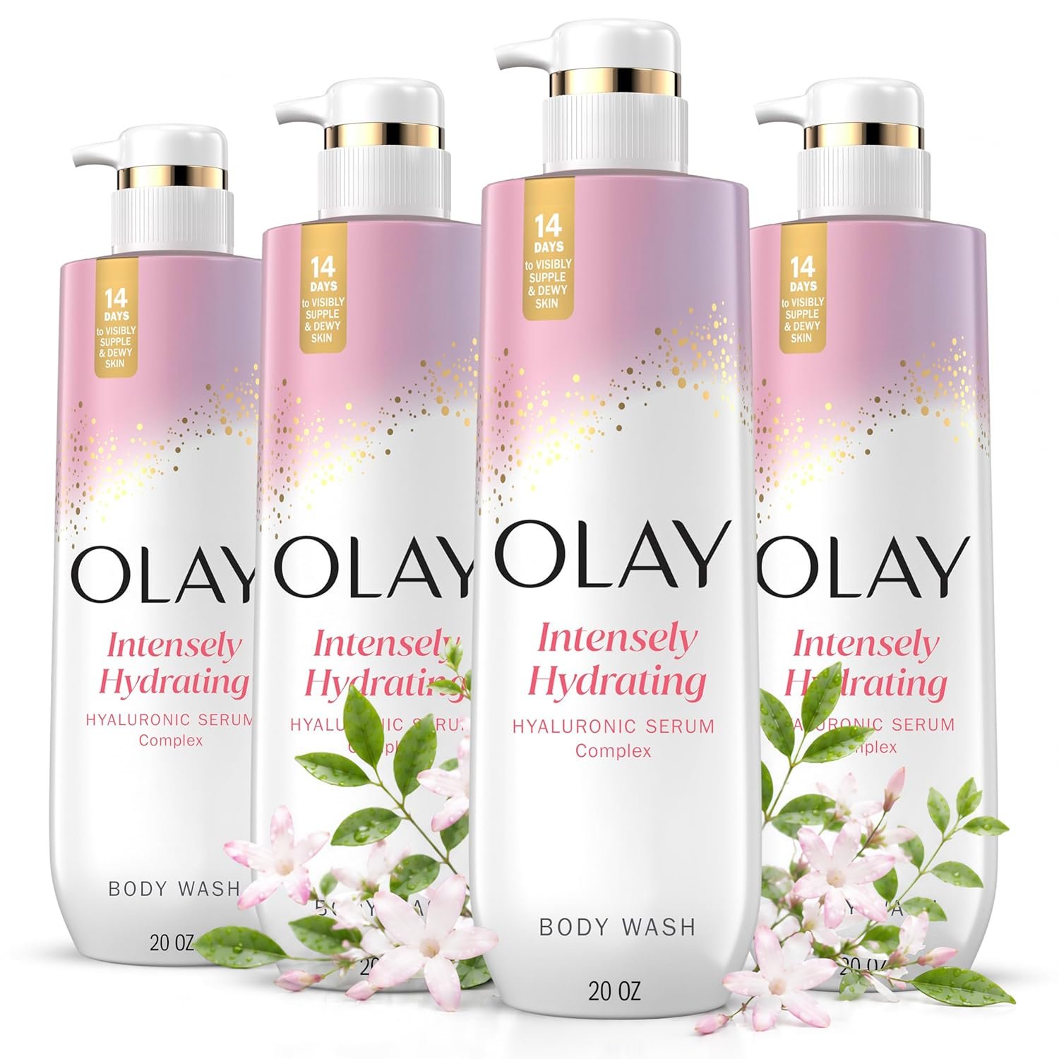 Olay Body Wash for Women, Intensely Hydrating, Hyaluronic Acid Serum Complex, Renews Moisture, Free of Parabens & Phthalates, Vitamin B3 Lameller Technology, For All Skin Types, 20 fl oz (Pack of 4)