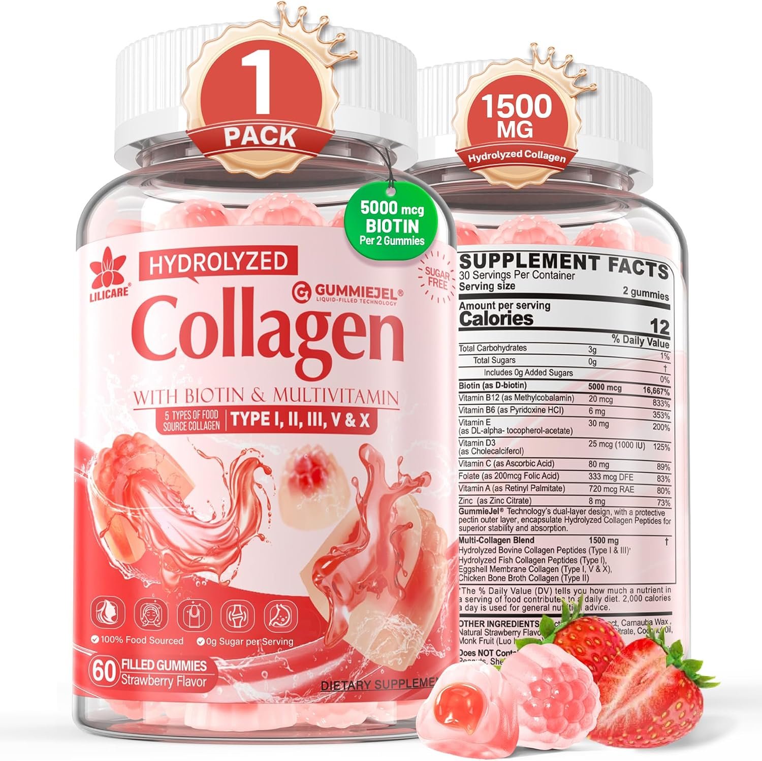 Collagen Peptide Gummies for Women & Men Sugar-Free, Multi Collagen Hydrolyzed w/ 1500mg Protein Type I,II,III,V,X, 5000mcg Biotin, Methylated B12, Vitamin C A E D3 B6 for Skin Hair Nails, Bone, 60Cts