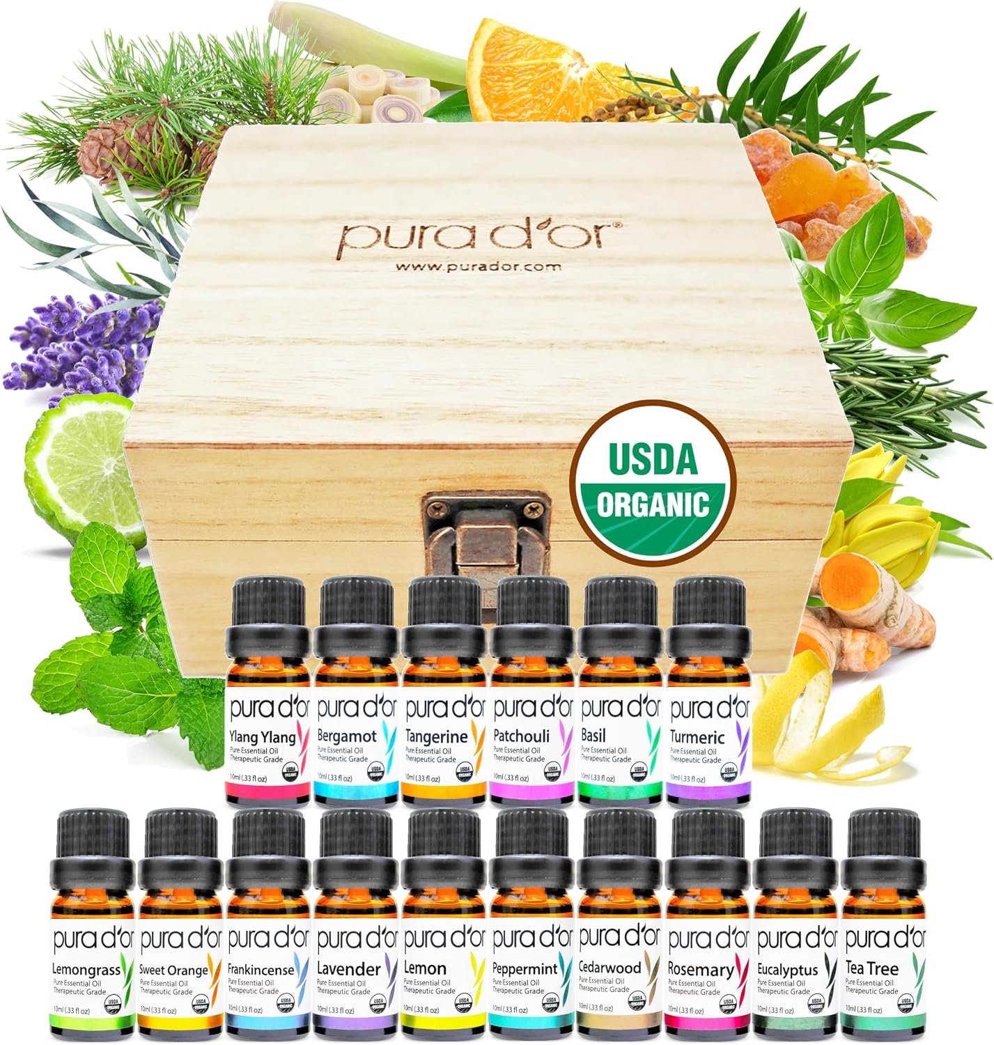 PURA D’OR Organic Sweet16 Essential Oils Aromatherapy Box Set, 10mL x16 | Diffuser Blends, Gift-Ready Wood Case, USDA Certified, 100% Pure, Massage, DIY Beauty, Home Fragrance, Relaxation Routine