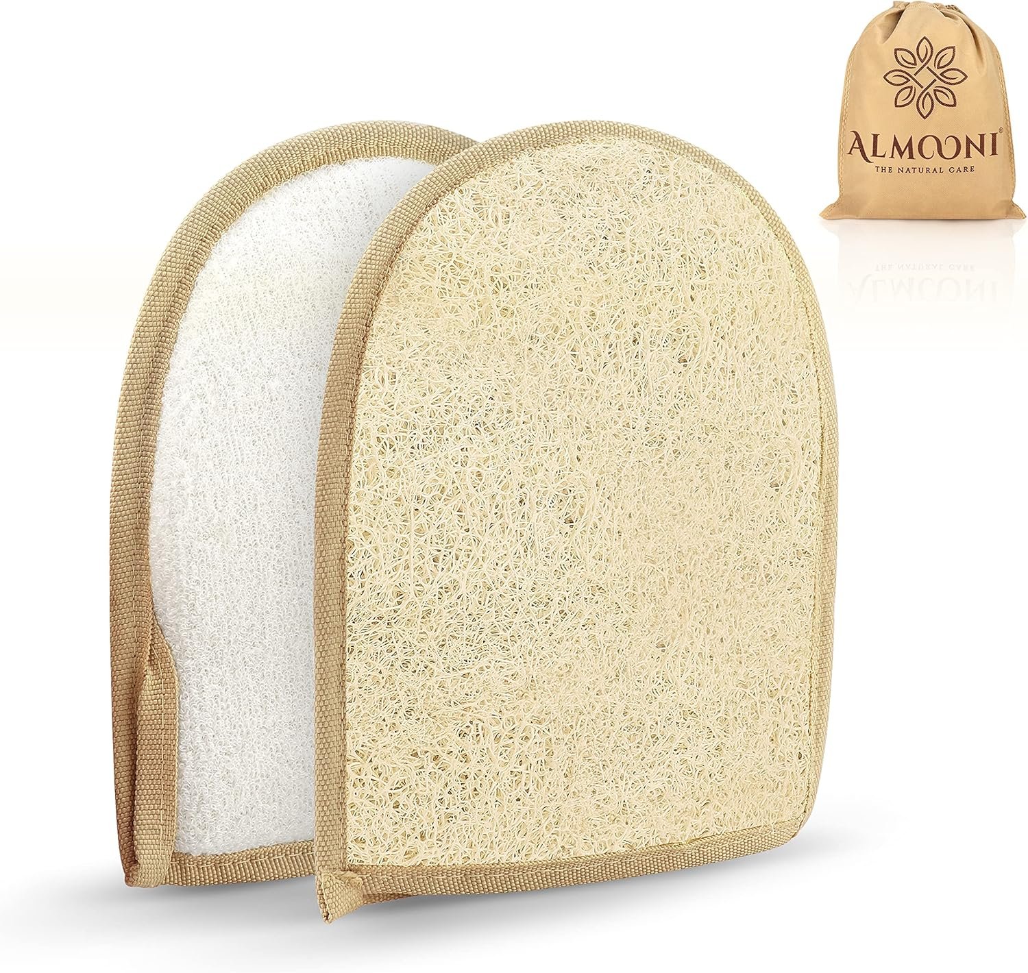ALMOONI Exfoliating Sponge, Natural Shower Loofah for Men & Women, 2 Pack | Natural Egyptian Loofah Gloves, Bath Loofah with Terry Cloth Back, Exfoliating Mitt for Face & Body