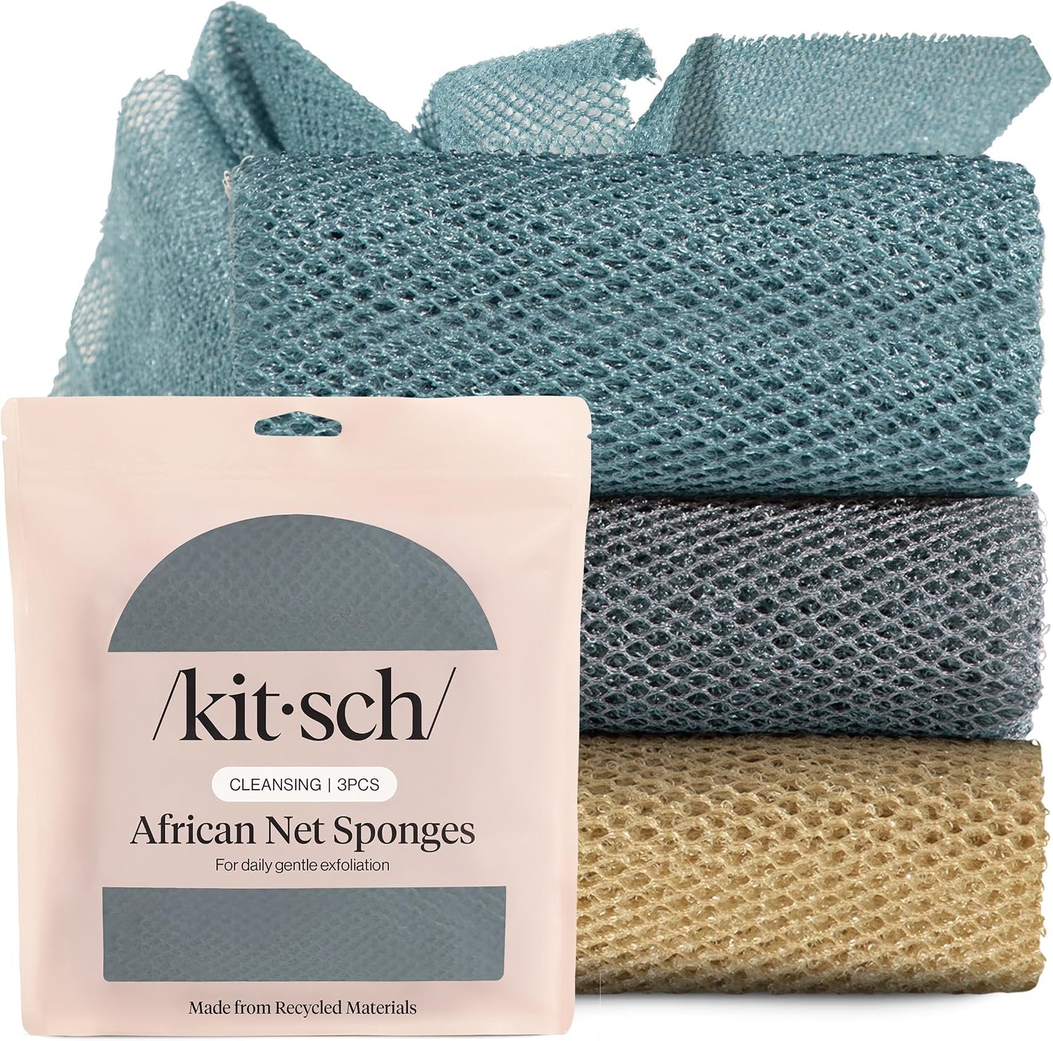 Kitsch African Net Sponge – Exfoliating Body Scrubber – Aqua Grey, 3 Pcs | for Cleansing & Gentle Daily Exfoliation – Stretchable Bath Sponge for Hard-to-Reach Areas – Long-Lasting Shower Essential