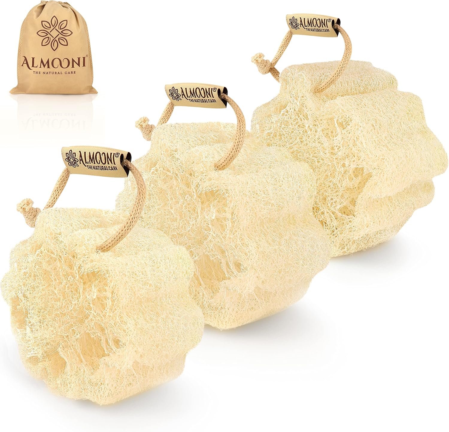 ALMOONI Mini Natural Loofah Sponge, Egyptian Shower Sponge, 3 Count | Real Natural Loofah Sponge, Shower Sponge for Body, Small Body Scrubber, Easy Grip, 3 Count