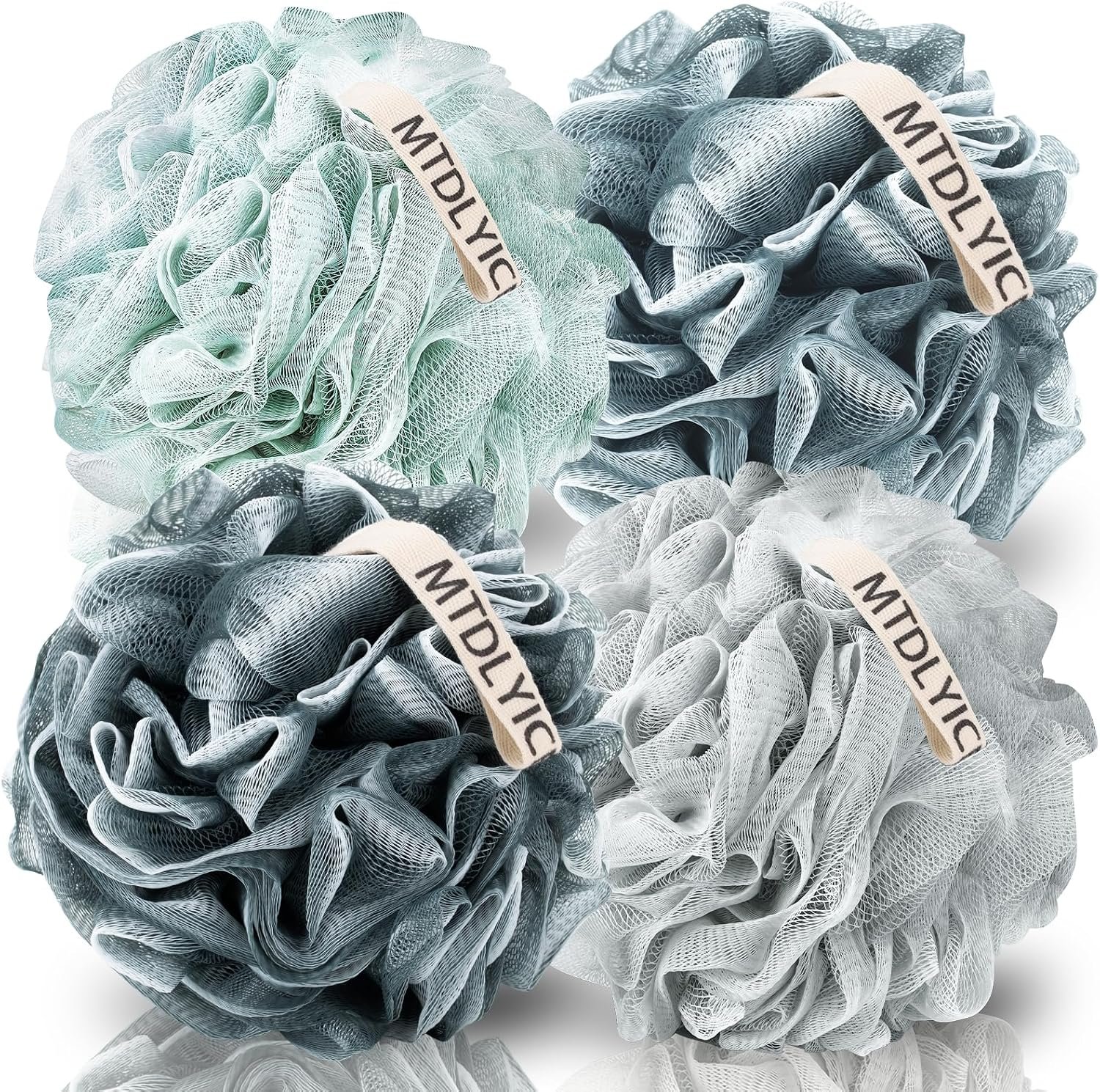 MTDLYICE Loofah Sponge, XXL Large Loofah 100g 4 Pack, Bath Sponge Soft Mesh Shower Loofah for Men, Body Scrub, Shower Pouf Bath Accessories, for Body Wash, Soap (Blue Gray)