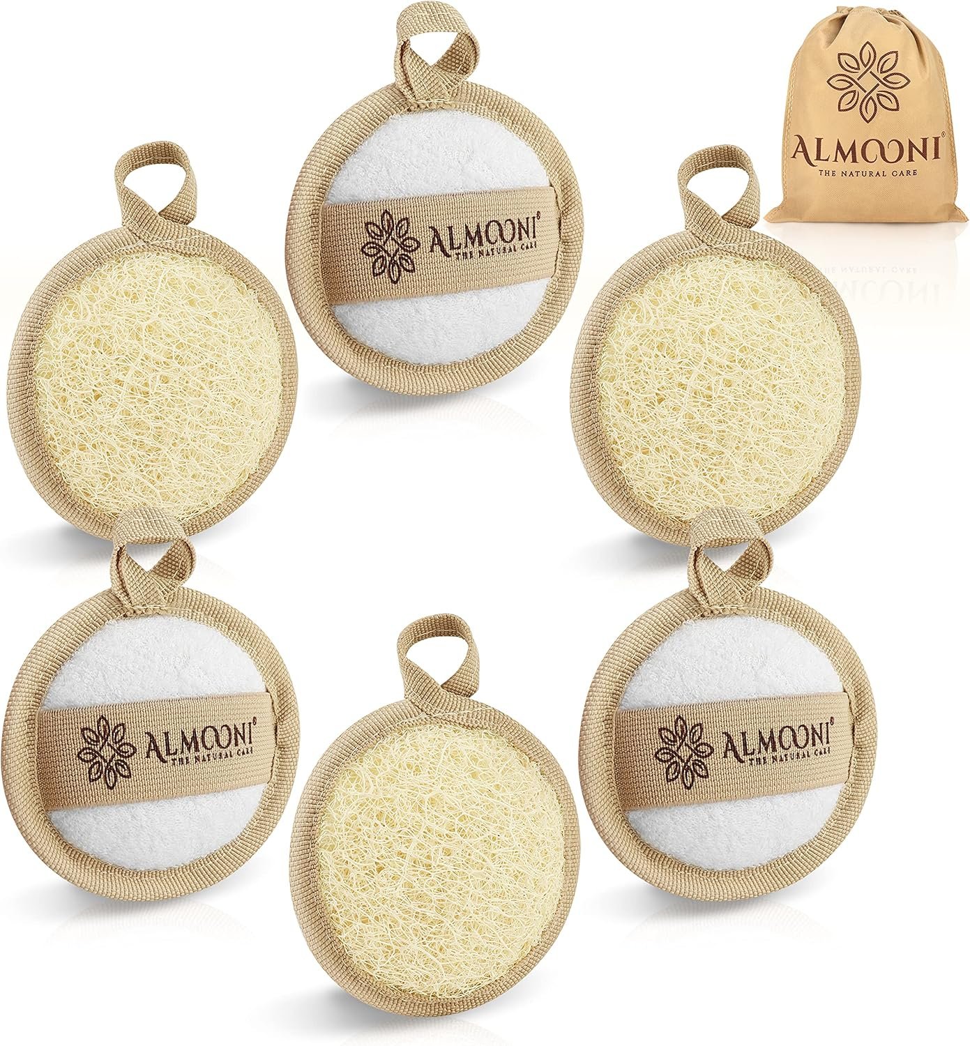 ALMOONI Natural Loofah Face Scrubber, Egyptian Facial Pads, 6 Count | Natural Egyptian Facial Loofah Pads, Exfoliating Sponge with Dual-Sided Terry Cloth, Face Exfoliator Scrubber, 6 Count