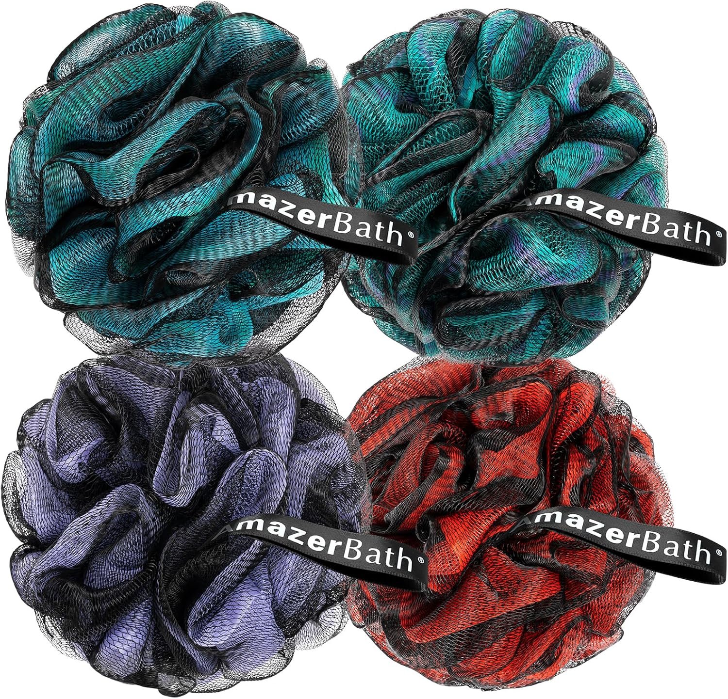 AmazerBath Charcoal Loofah Sponge, Shower Loofah 60g/PCS – Body Scrubber Loofa Set of 4 – Charcoal Blue, Green, Purple & Red, Bath Sponge for Men and Women