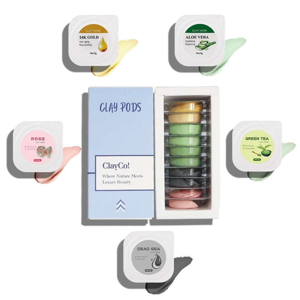 ClayCo! 10 Piece Clay Mask Variety Kit for Men & Women Facial and Skin Care, Clay Face Mask Set (Rose, Dead Sea, Green Tea, Aloe Vera, 24K Gold)
