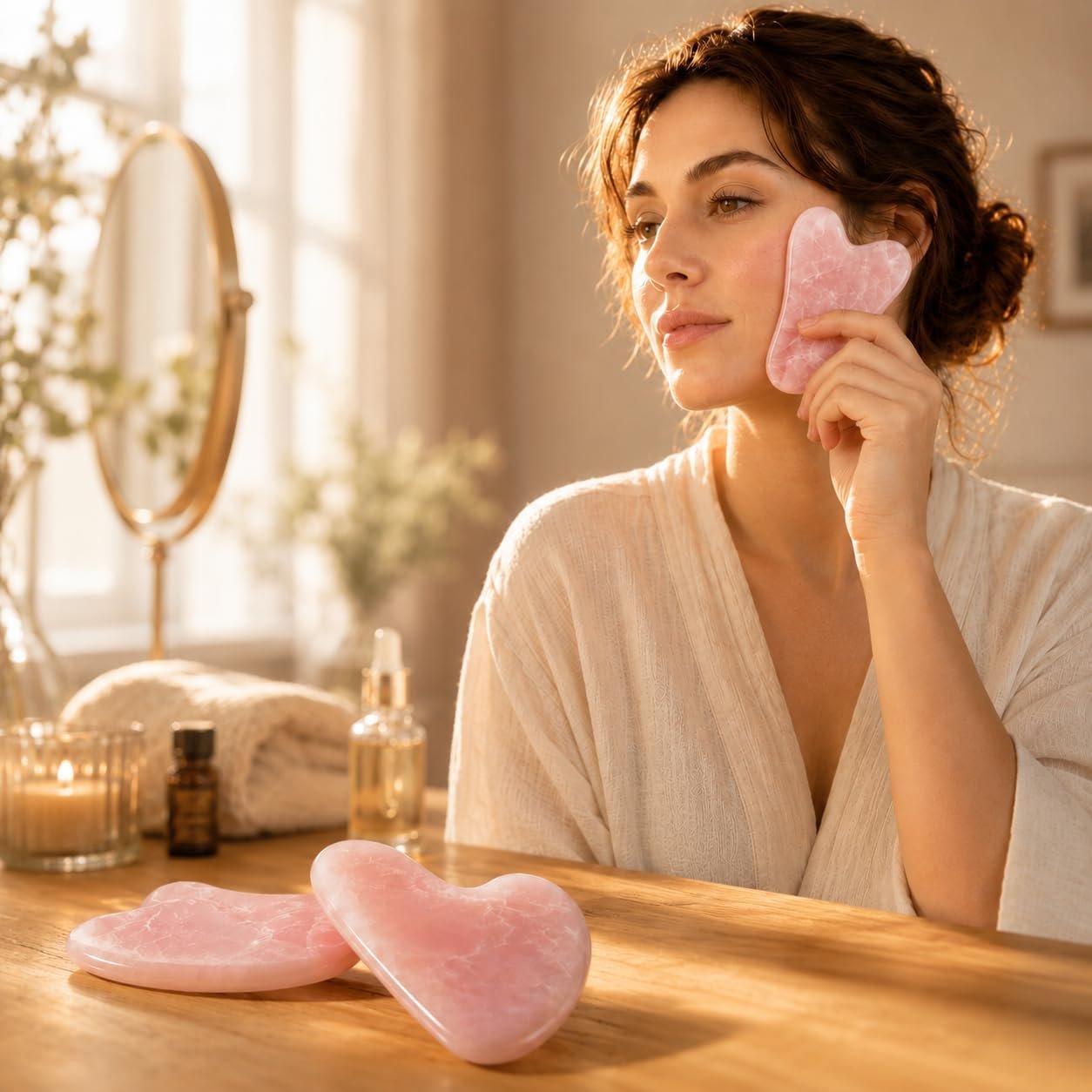 2PC Pink Rose Quartz Gua Sha Tool Set, Smooth Facial Massage Stone for Face Neck Jawline, Daily Skincare Self Care Gift for Women