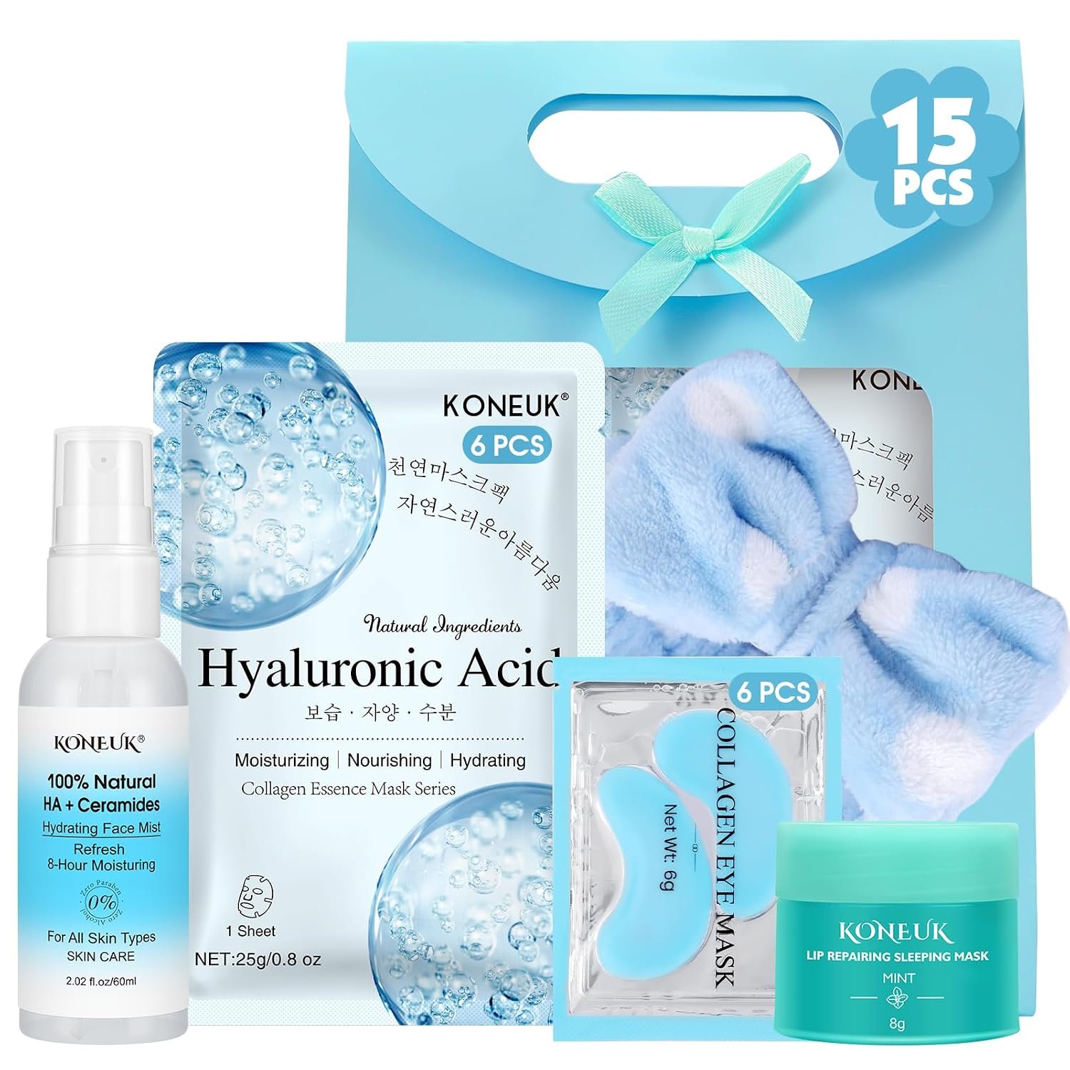 15 Pcs Skincare with Facial Mask, Eye Mask, Face Mist, Lip Mask, Headband